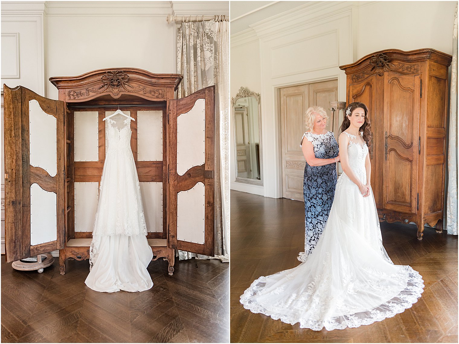 mother helps bride into wedding dress by wooden armoire at Park Chateau Estate and Gardens