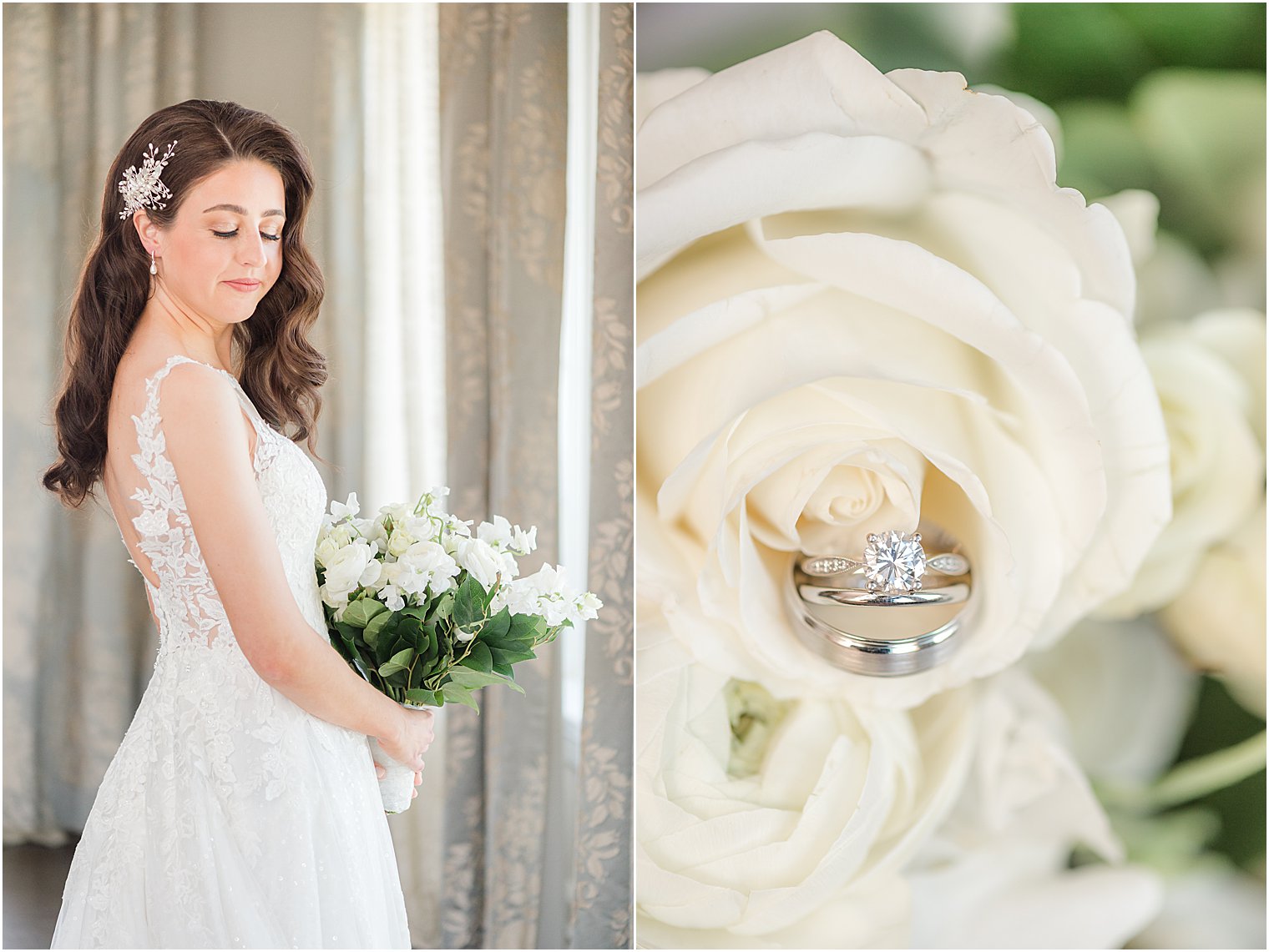 bride holds ivory rose bouquet looking over shoulder 
