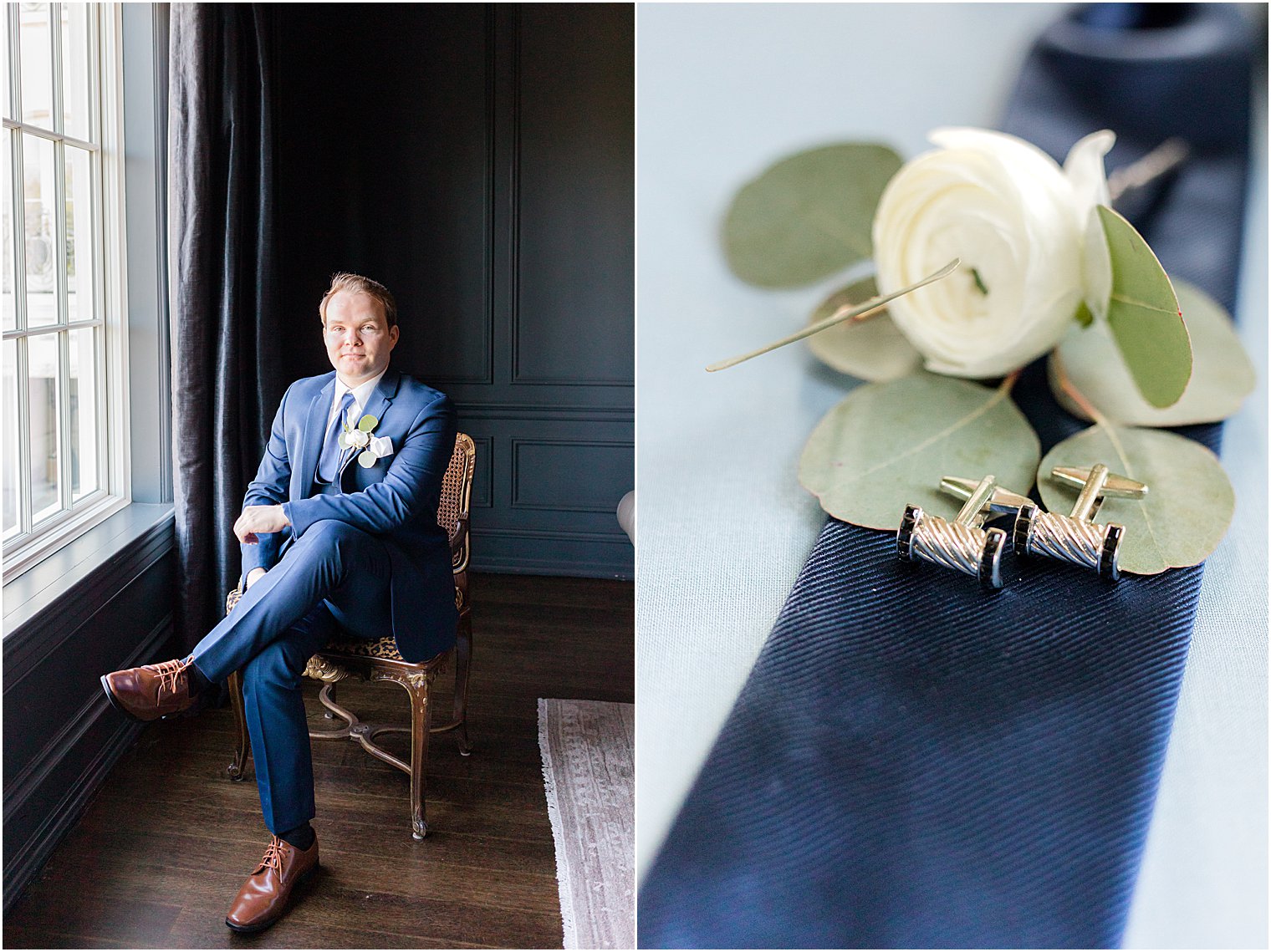 groom sits in blue suit before wedding in New Jersey 