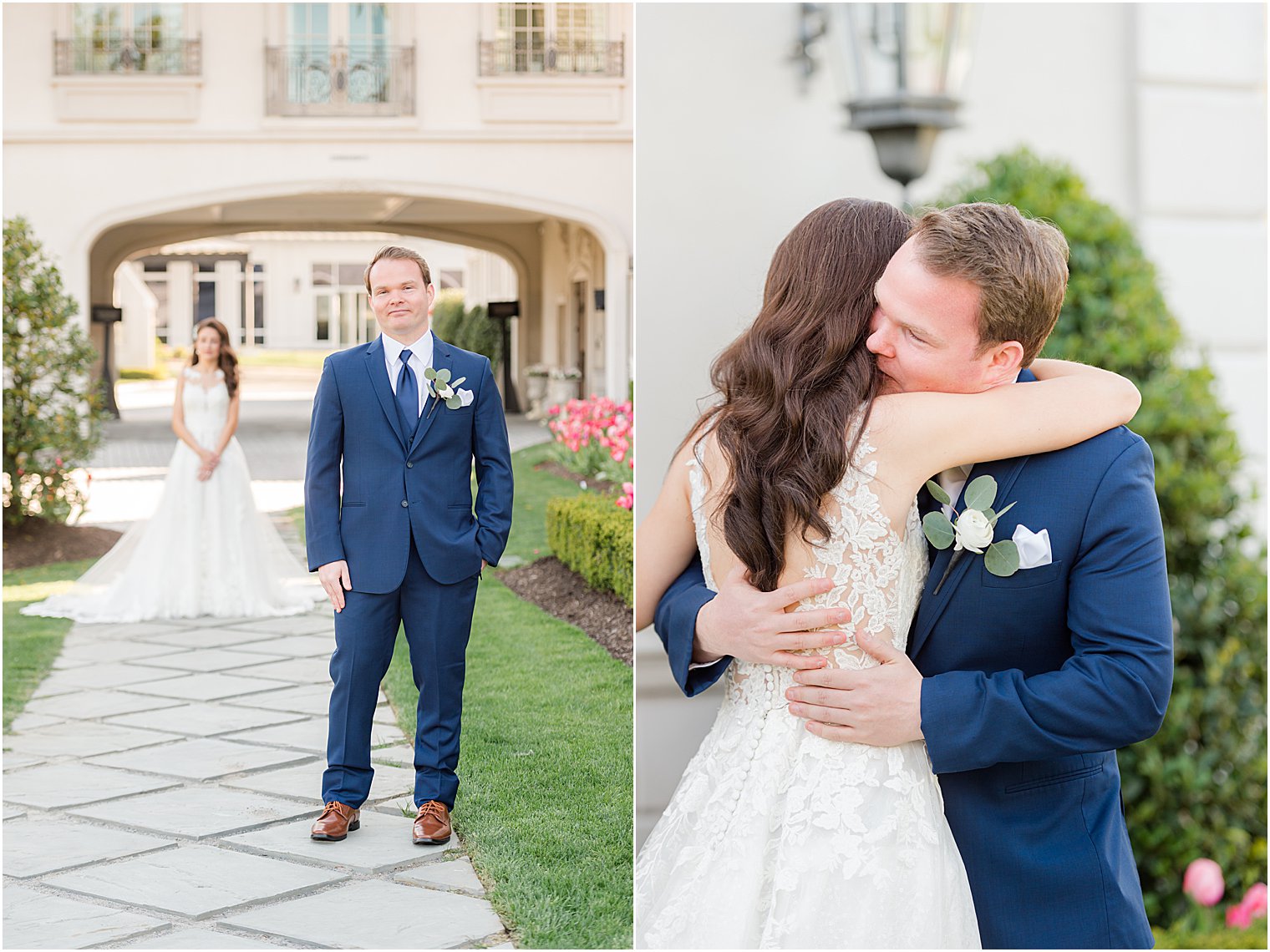groom hugs bride outside Park Chateau Estate and Gardens during first look