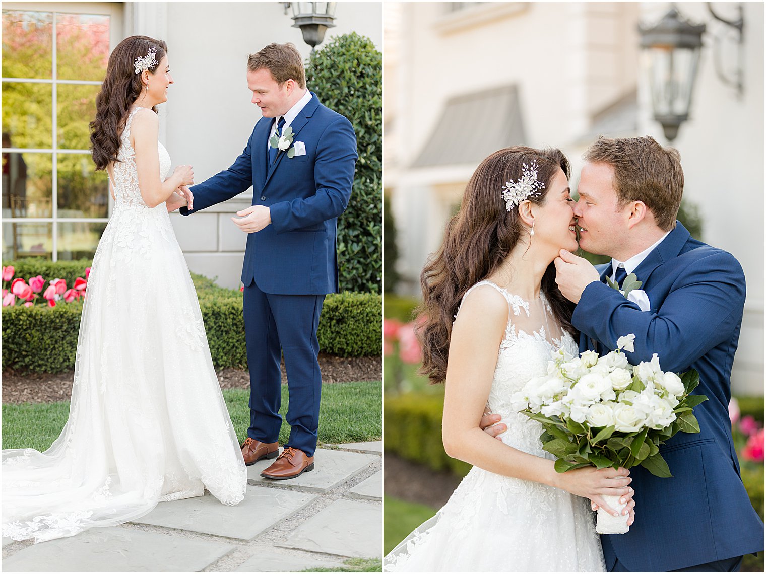 bride and groom kiss on sidewalk at Park Chateau Estate and Gardens