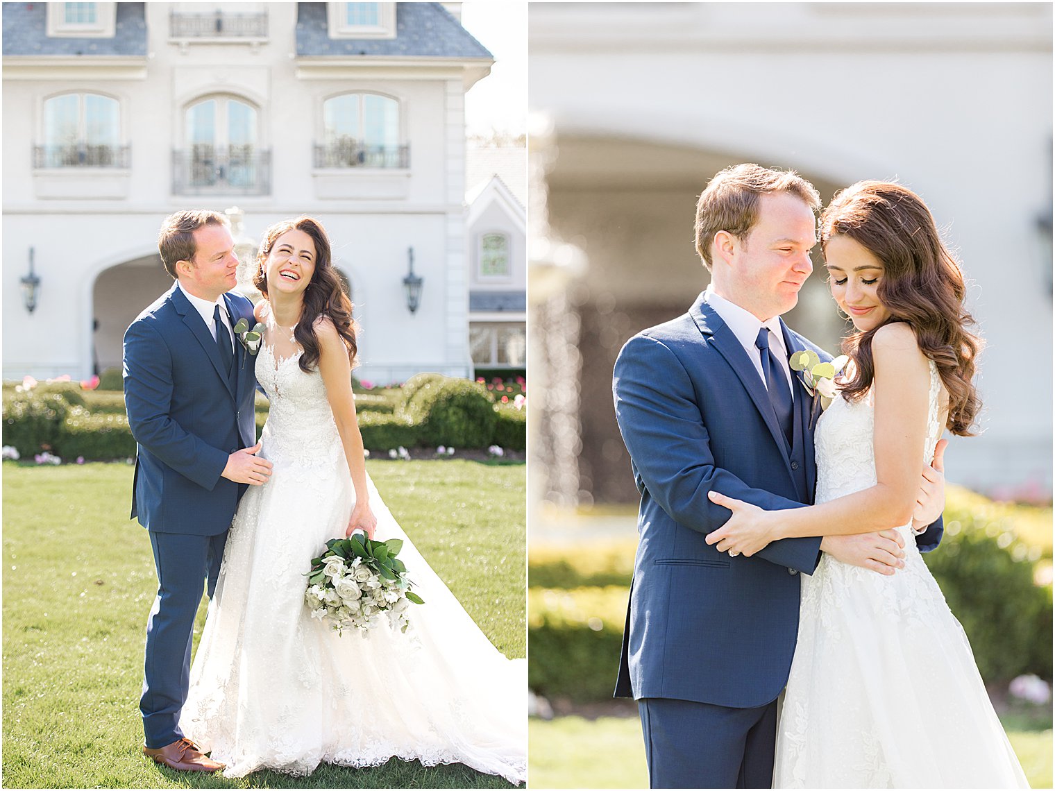 bride and groom hug on lawn at Park Chateau Estate and Gardens