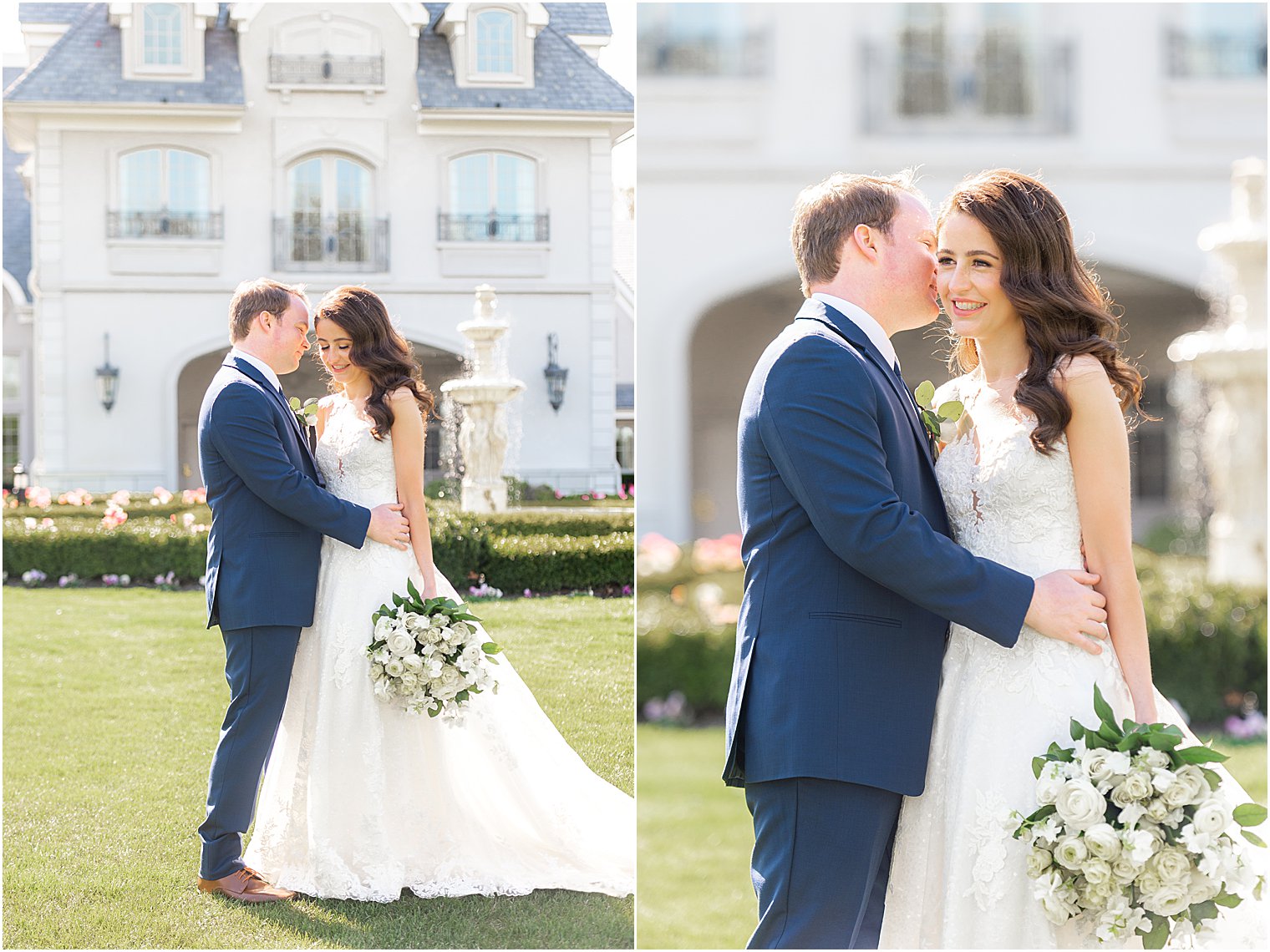 groom hugs bride to him on lawn at Park Chateau Estate and Gardens