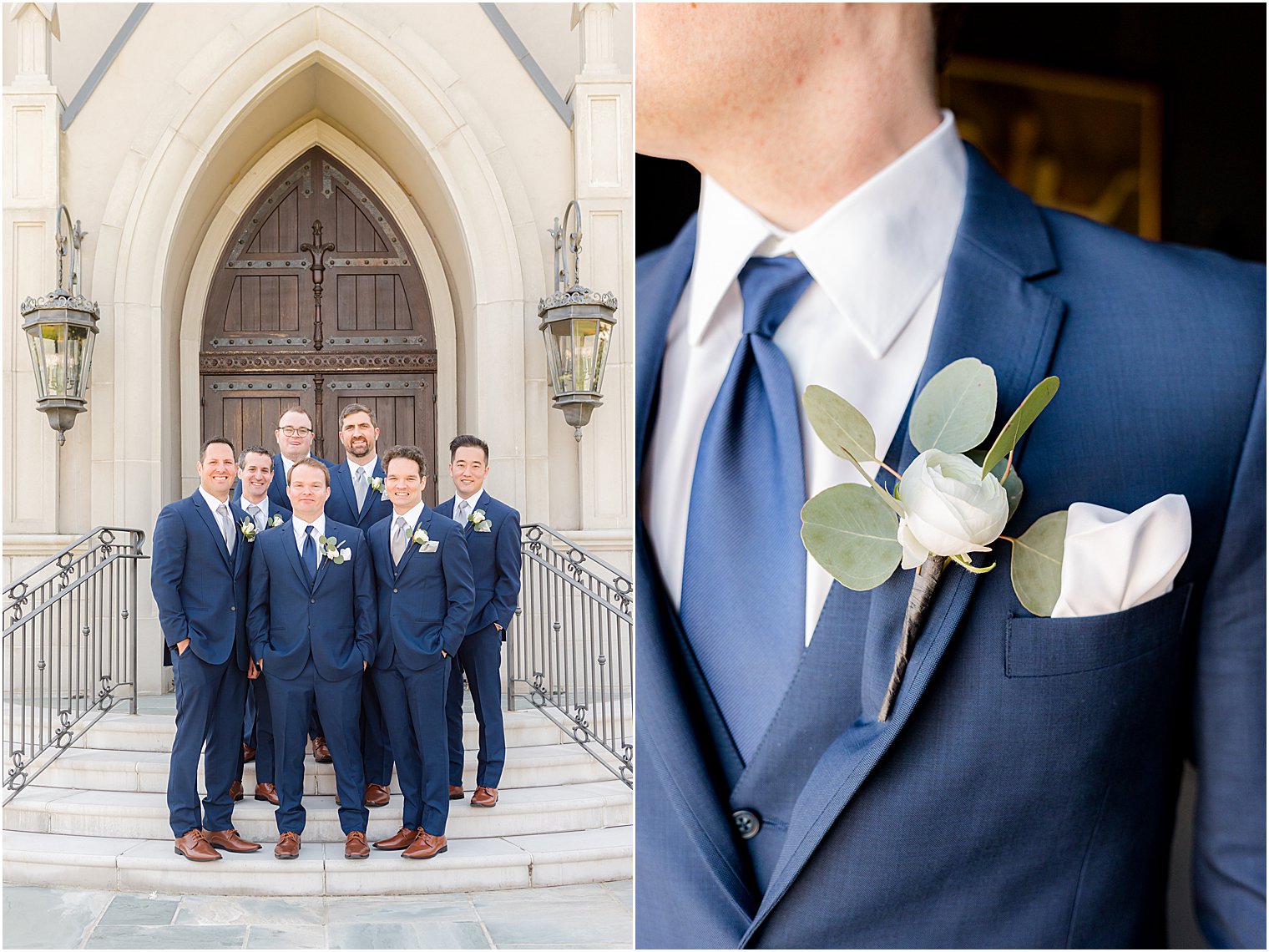 groom stands with groomsmen in blue suit at Park Chateau Estate and Gardens chapel