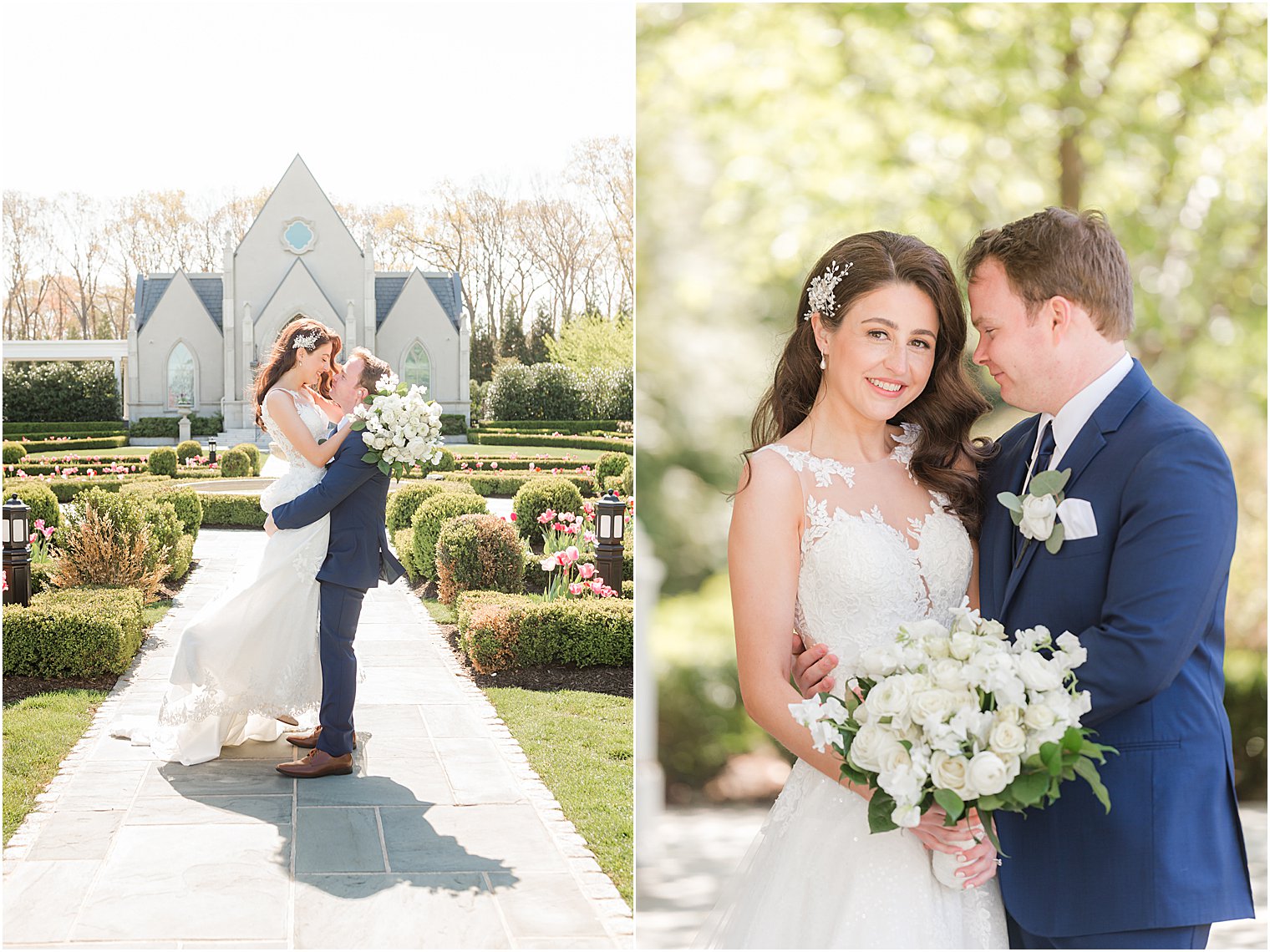 groom hugs bride and lifts her outside chapel at Park Chateau Estate