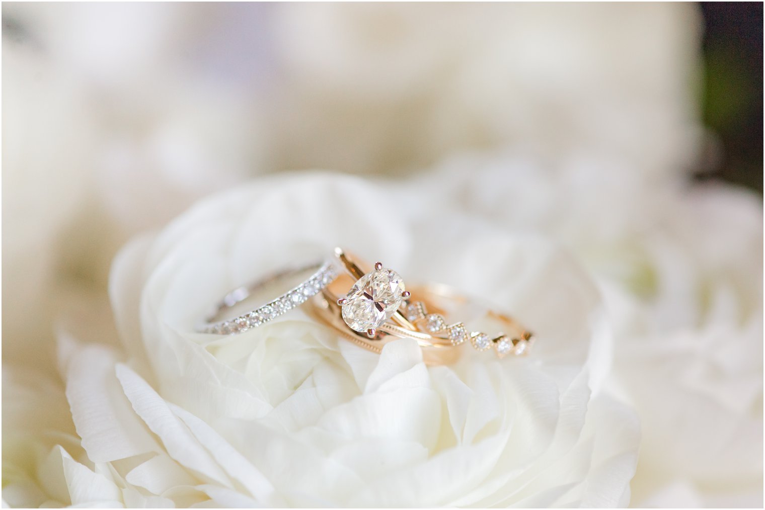 gold and diamond wedding bands rest on ivory flowers 