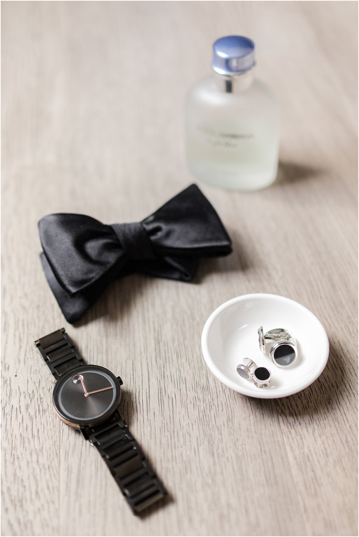 groom's tie, black watch, and cufflinks for garden style wedding at The English Manor