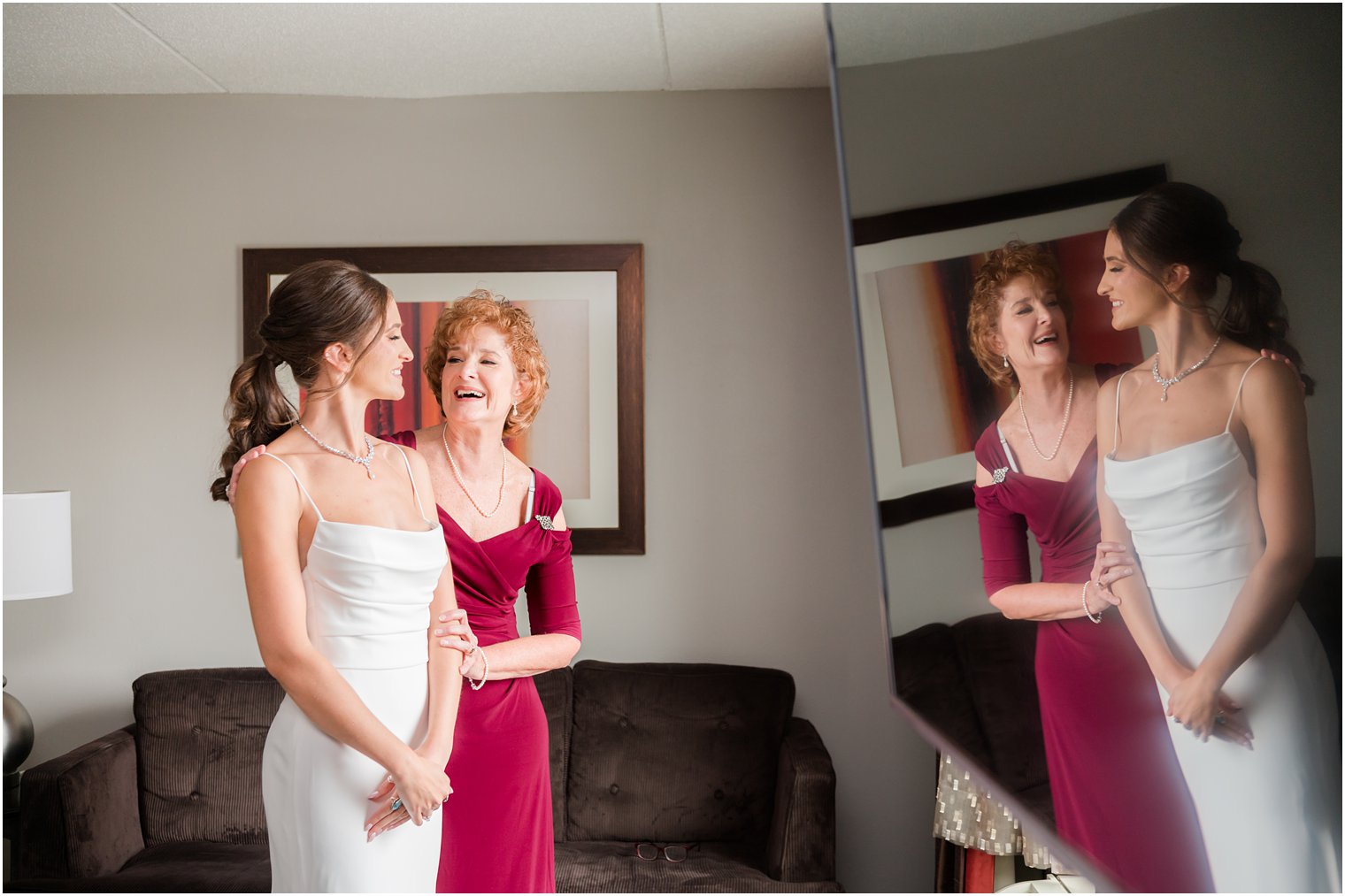 mother laughs with bride wile preparing for NJ wedding day
