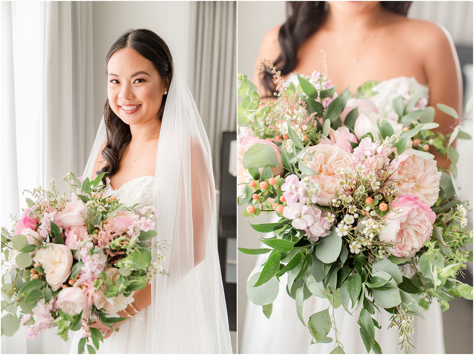 bride holds bouquet of pink peonies 