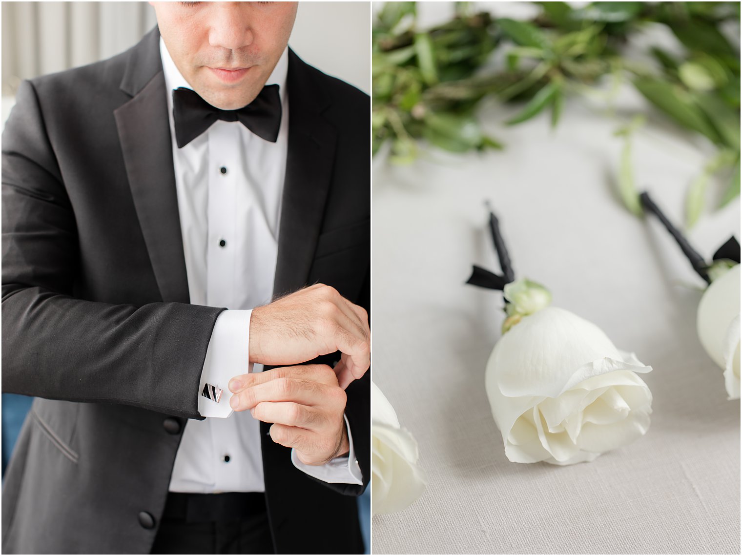 groom adjusts cufflinks of tux for Philly wedding 