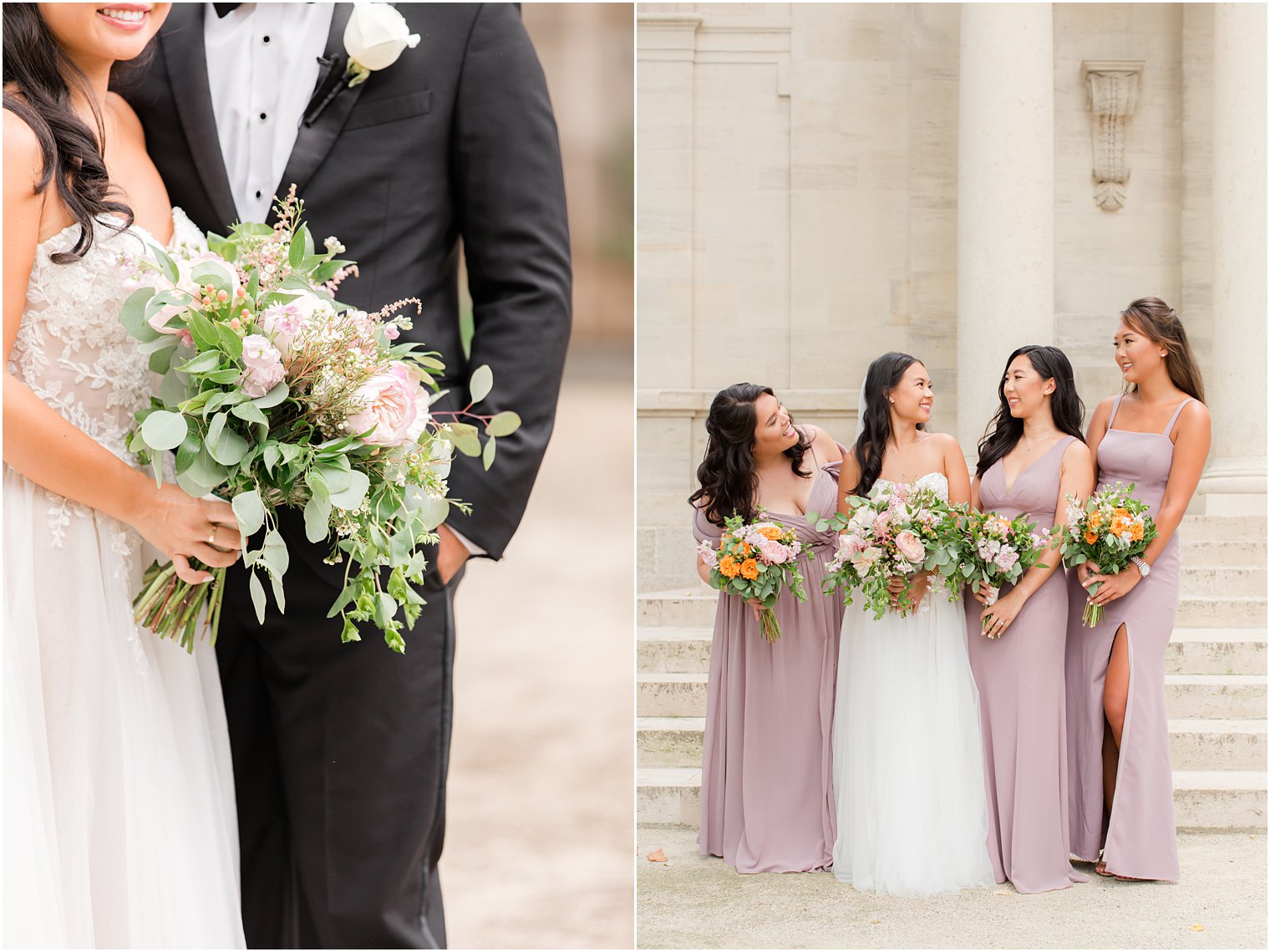 bride smiles with three bridesmaids in mauve gowns near steps of the Rodin Museum