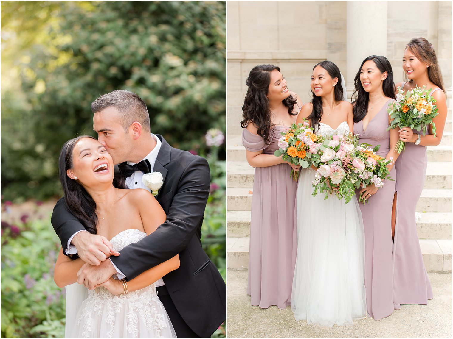 groom hugs bride from behind making her laugh while bride smiles with bridesmaids 