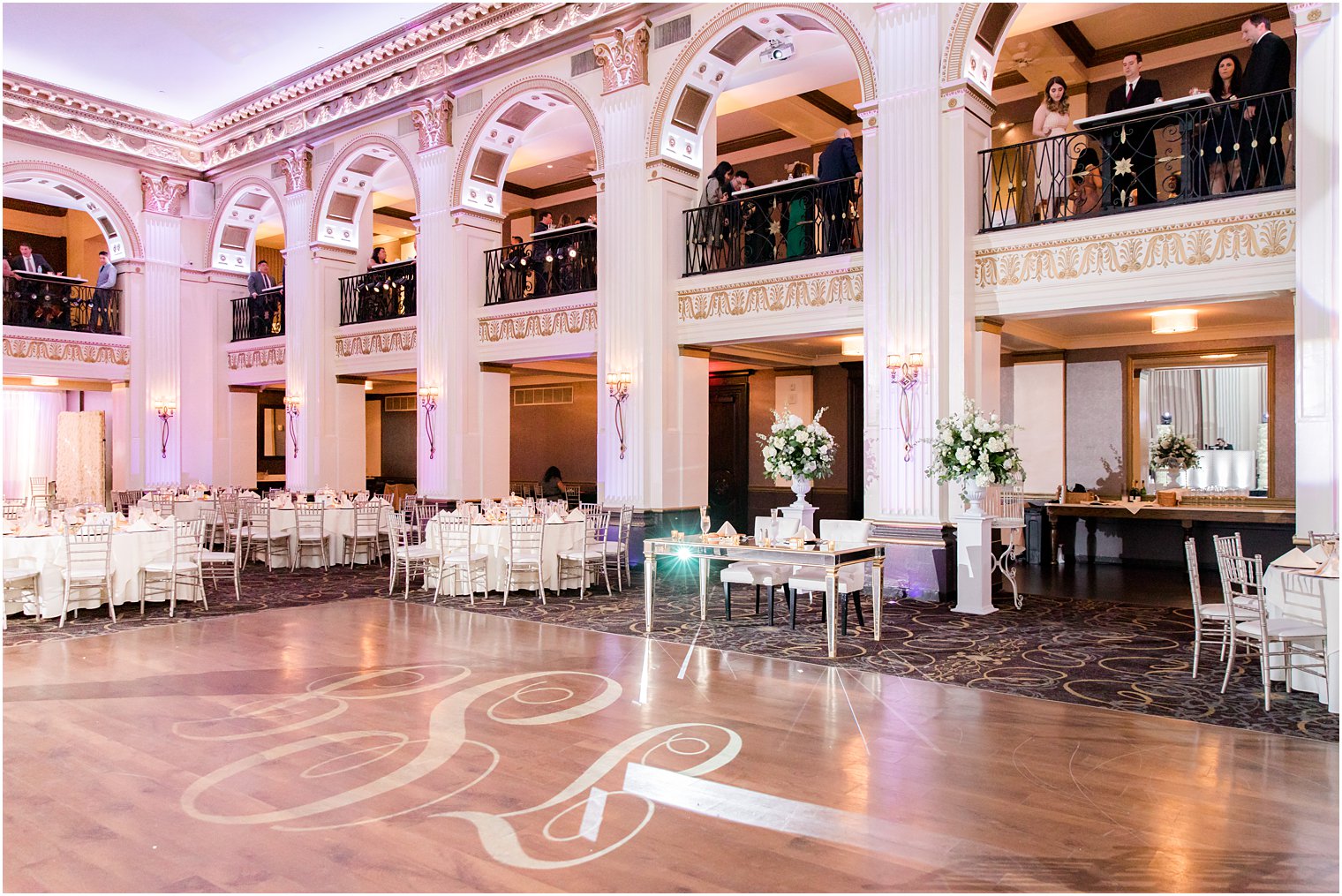 elegant wedding reception with white flowers at the Ballroom at the Ben