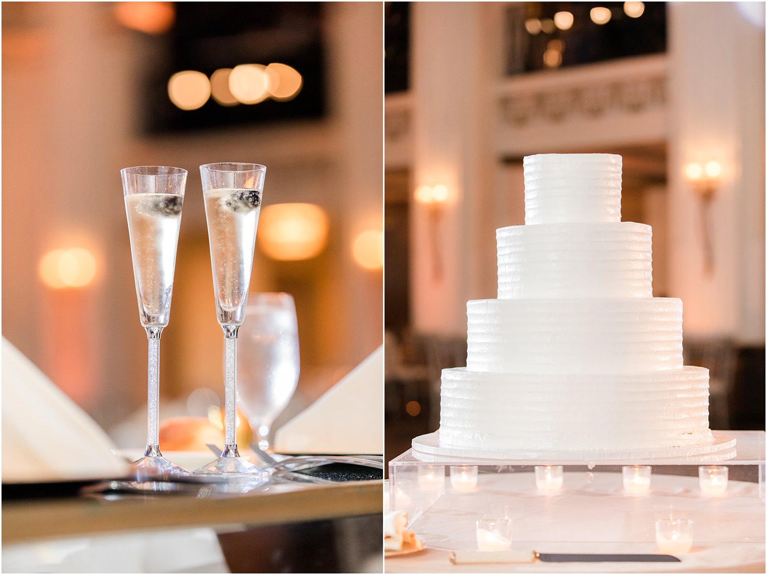 tiered wedding cake with champagne flutes for elegant reception at the Ballroom at the Ben