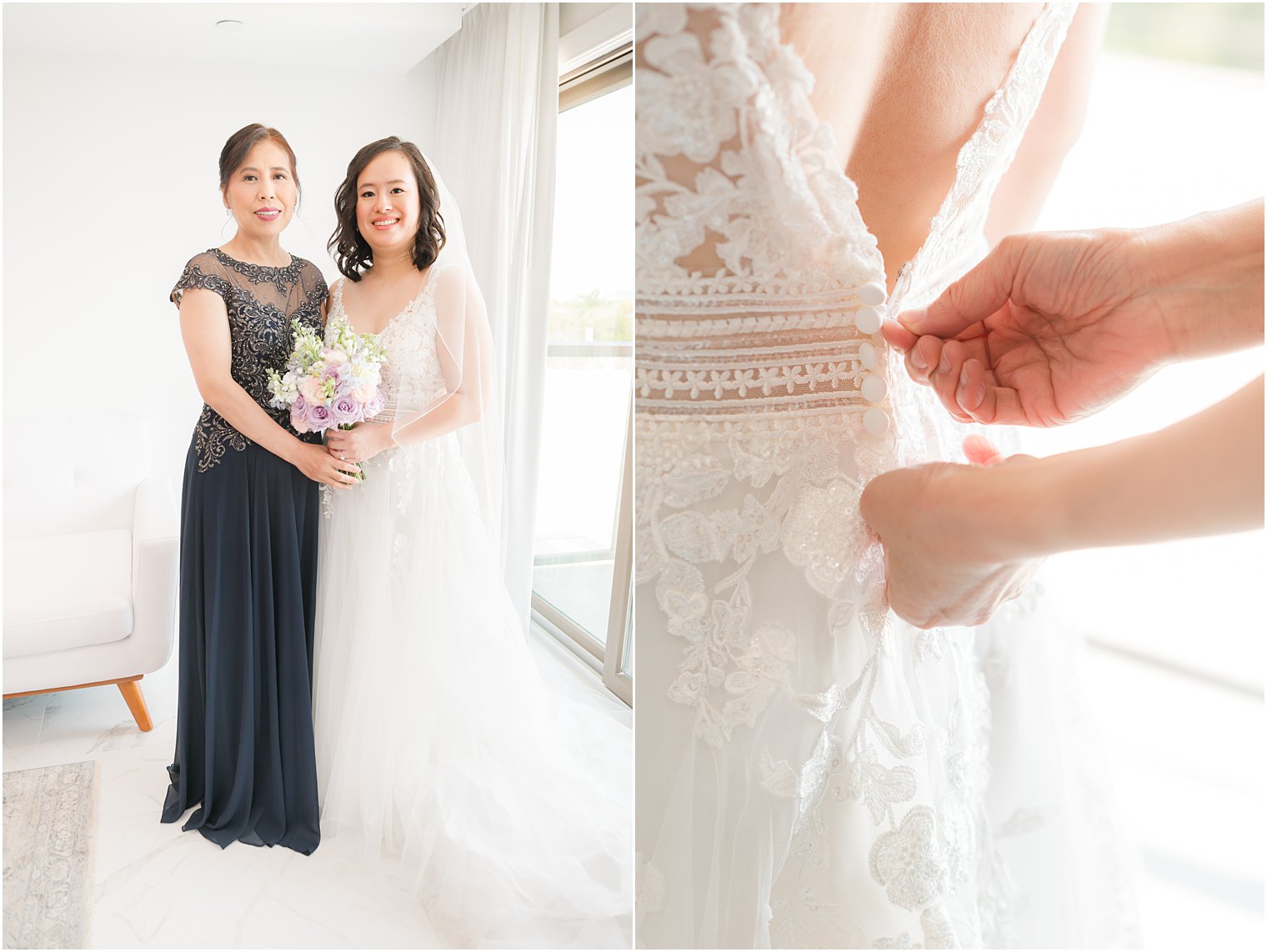 mother helps bride into wedding gown in suite at Icona Winddrift