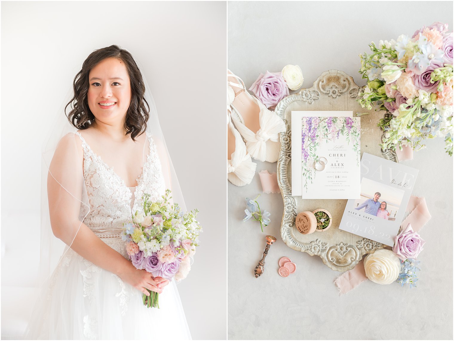 bride smiles holding bouquet of pink and purple flowers