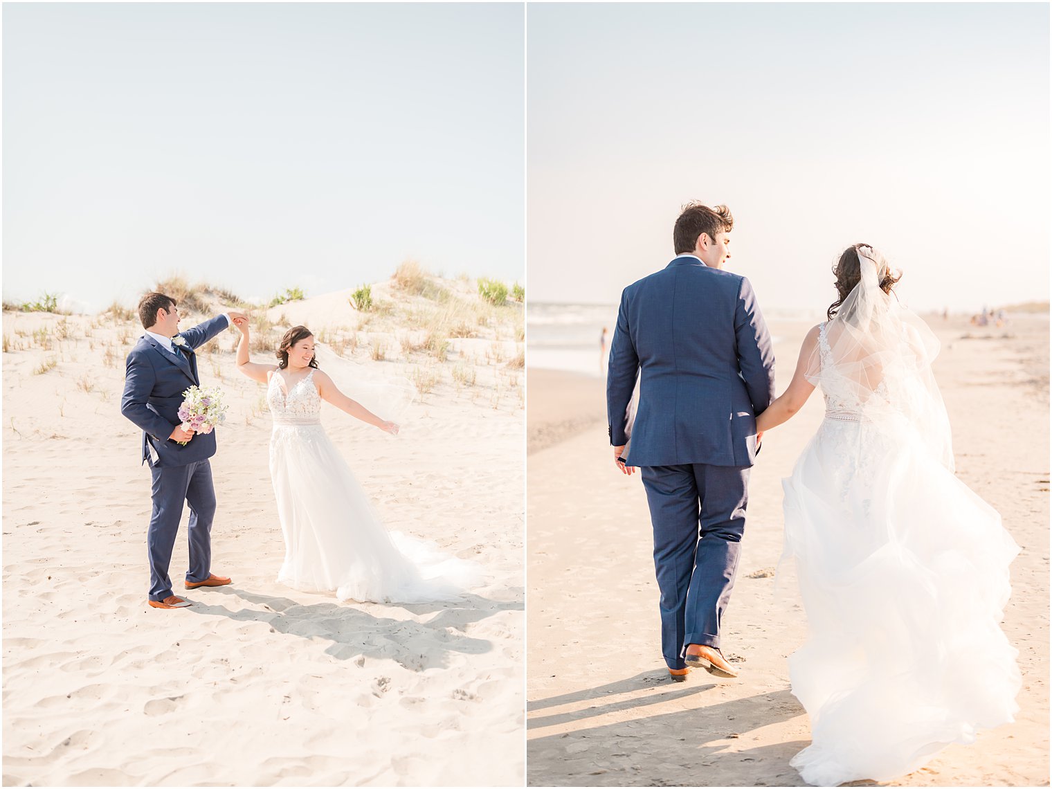 newlyweds hold hands walking on beach near Icona Winddrift