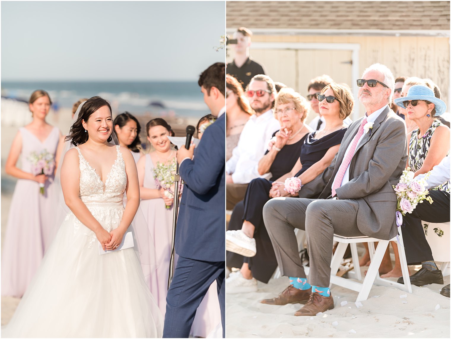 groom's side watches bride and groom read vows during beach wedding ceremony in Avalon NJ
