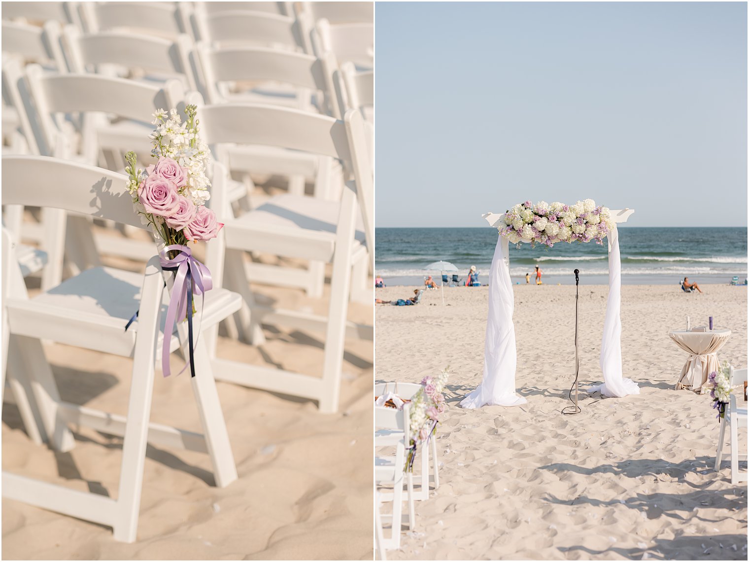 white arbor with purple and white flowers for beach wedding ceremony in Avalon NJ