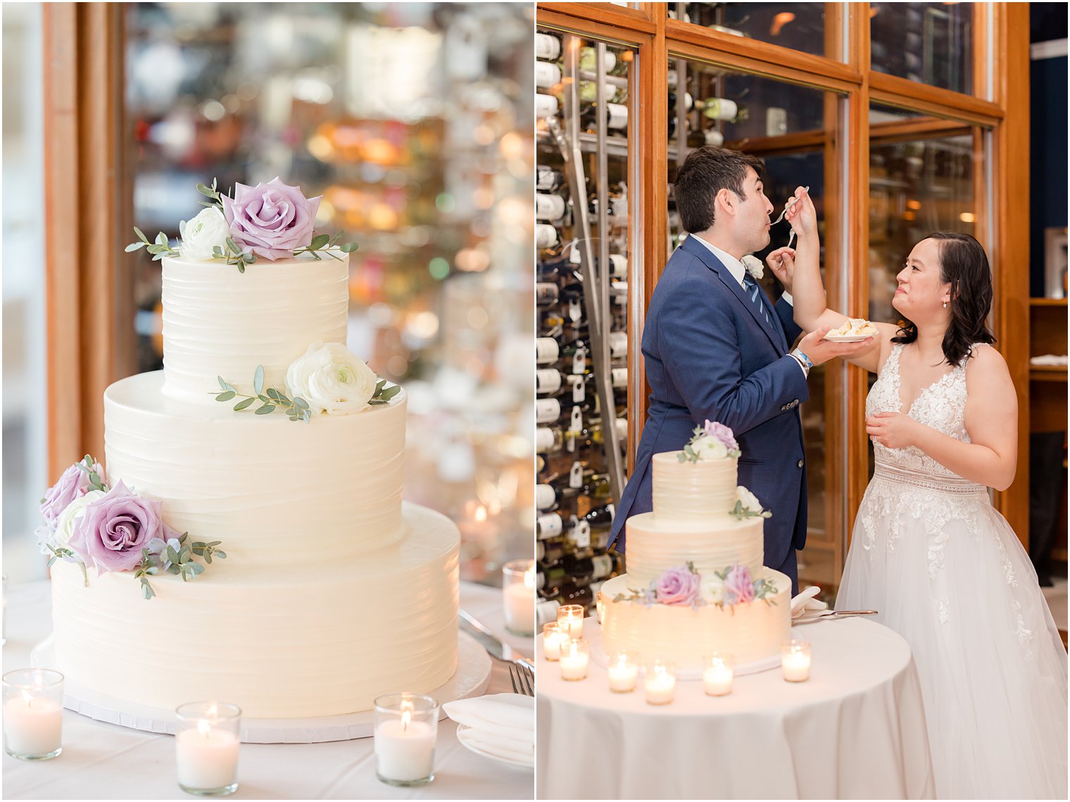 bride and groom cut wedding cake during reception at Icona Winddrift