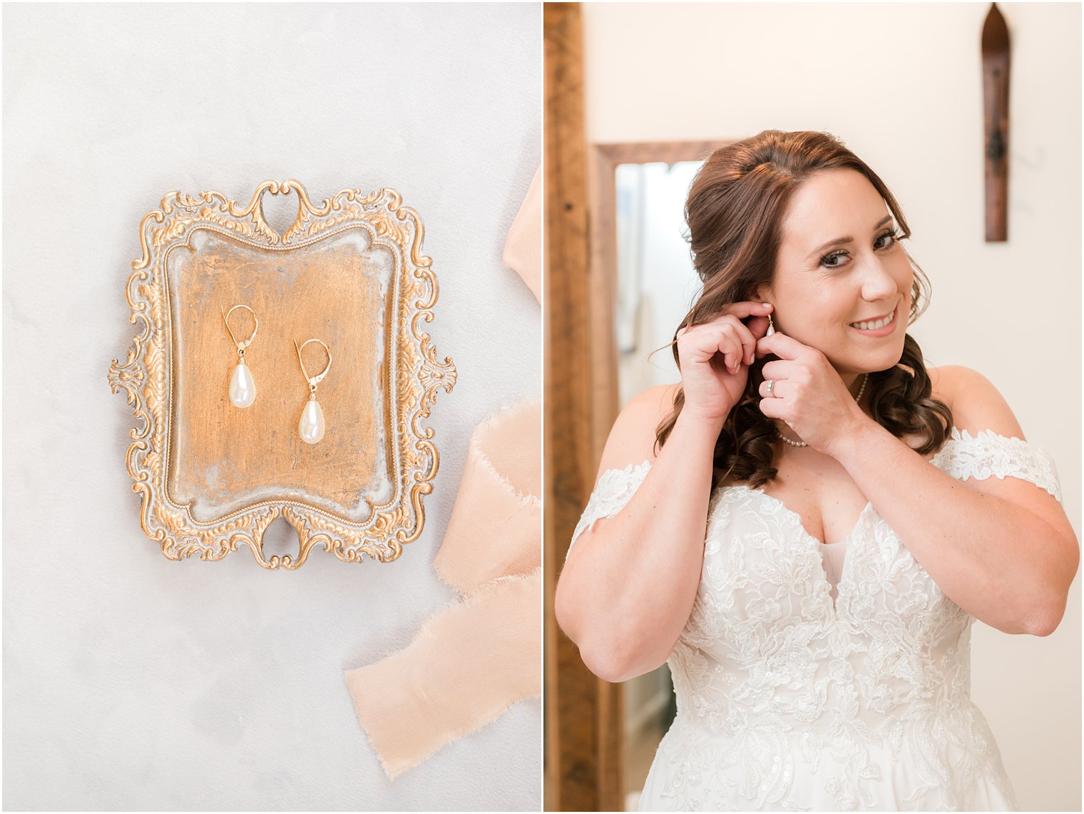 bride adjusts pearl earrings before fall wedding 