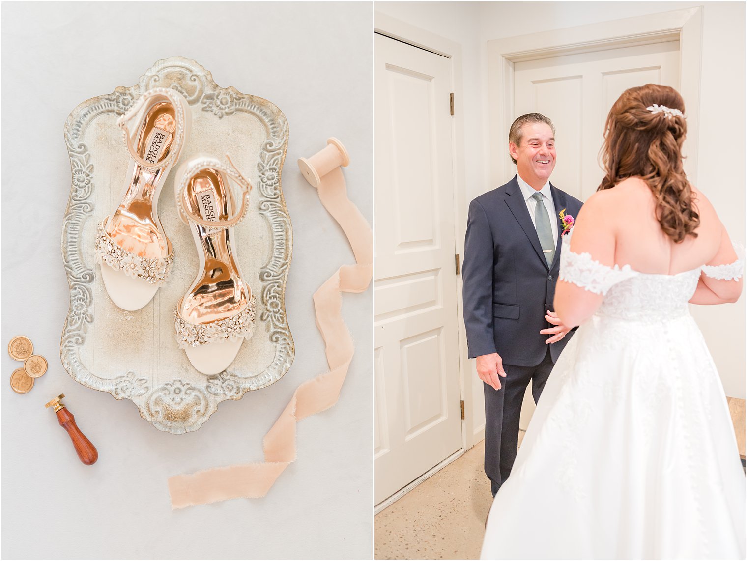 bride and father meet for first look in suite at Bishop Hall Farmstead