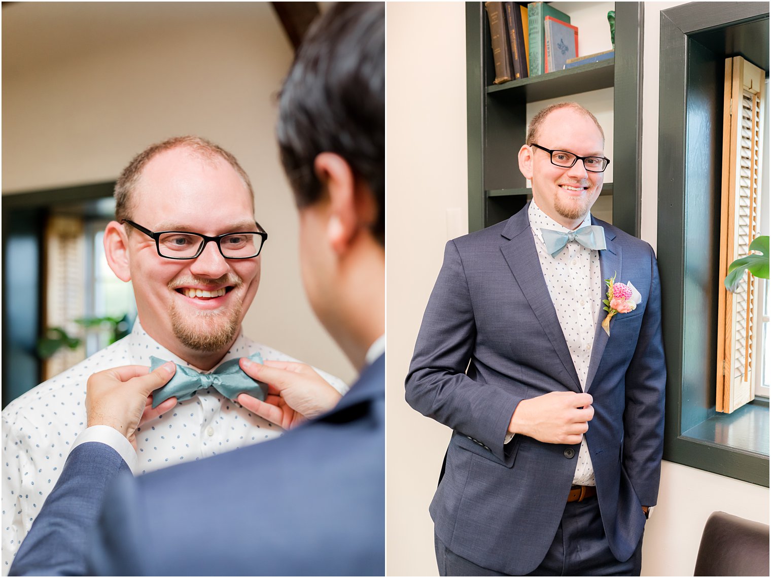 groomsman helps groom with sea glass bow tie