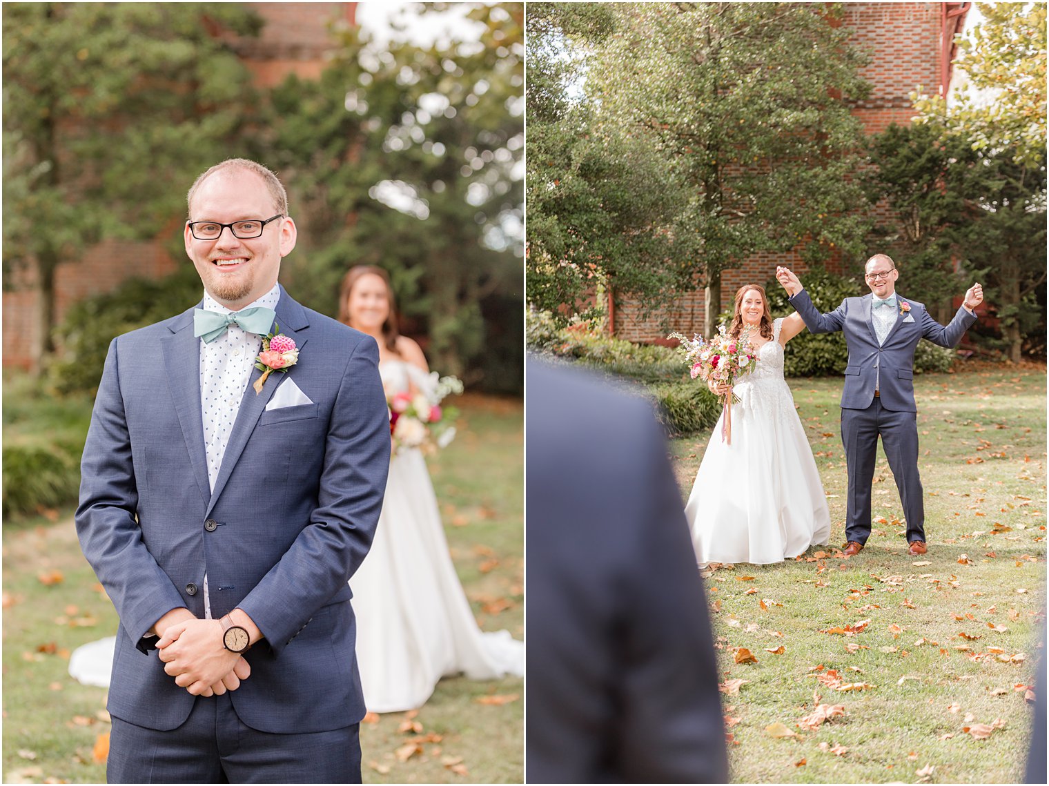 bride and groom cheer during first look for family 