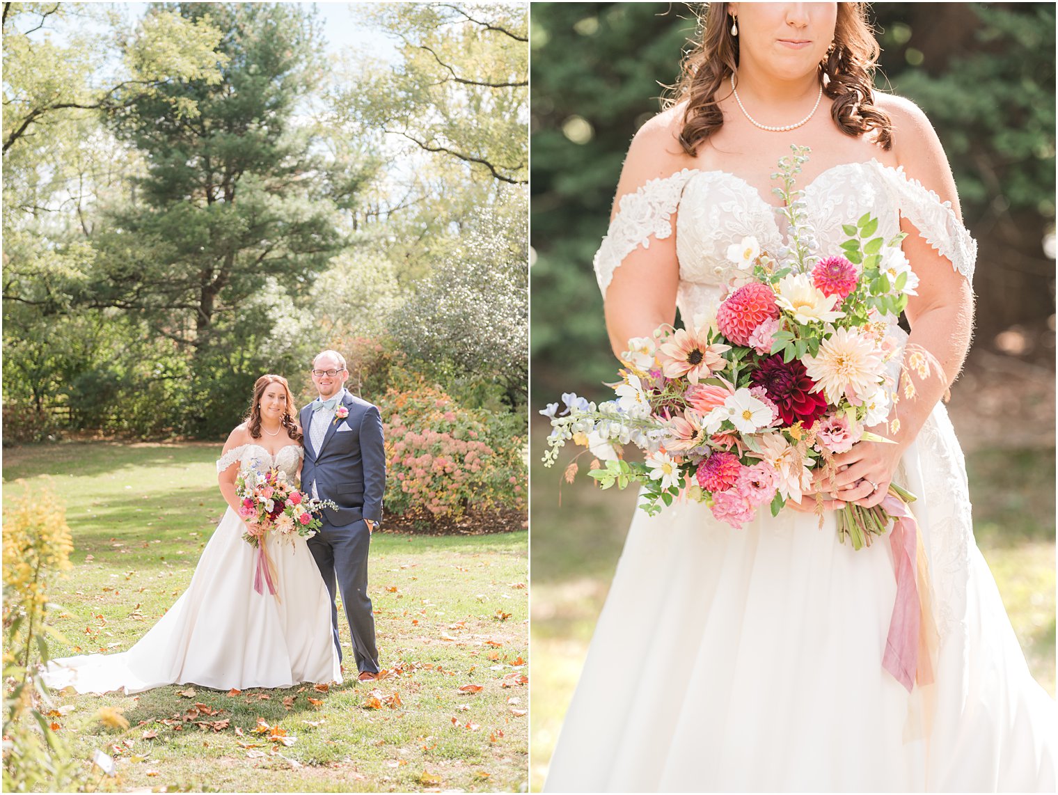 bride holds bouquet of pink and red flowers with groom for fall wedding