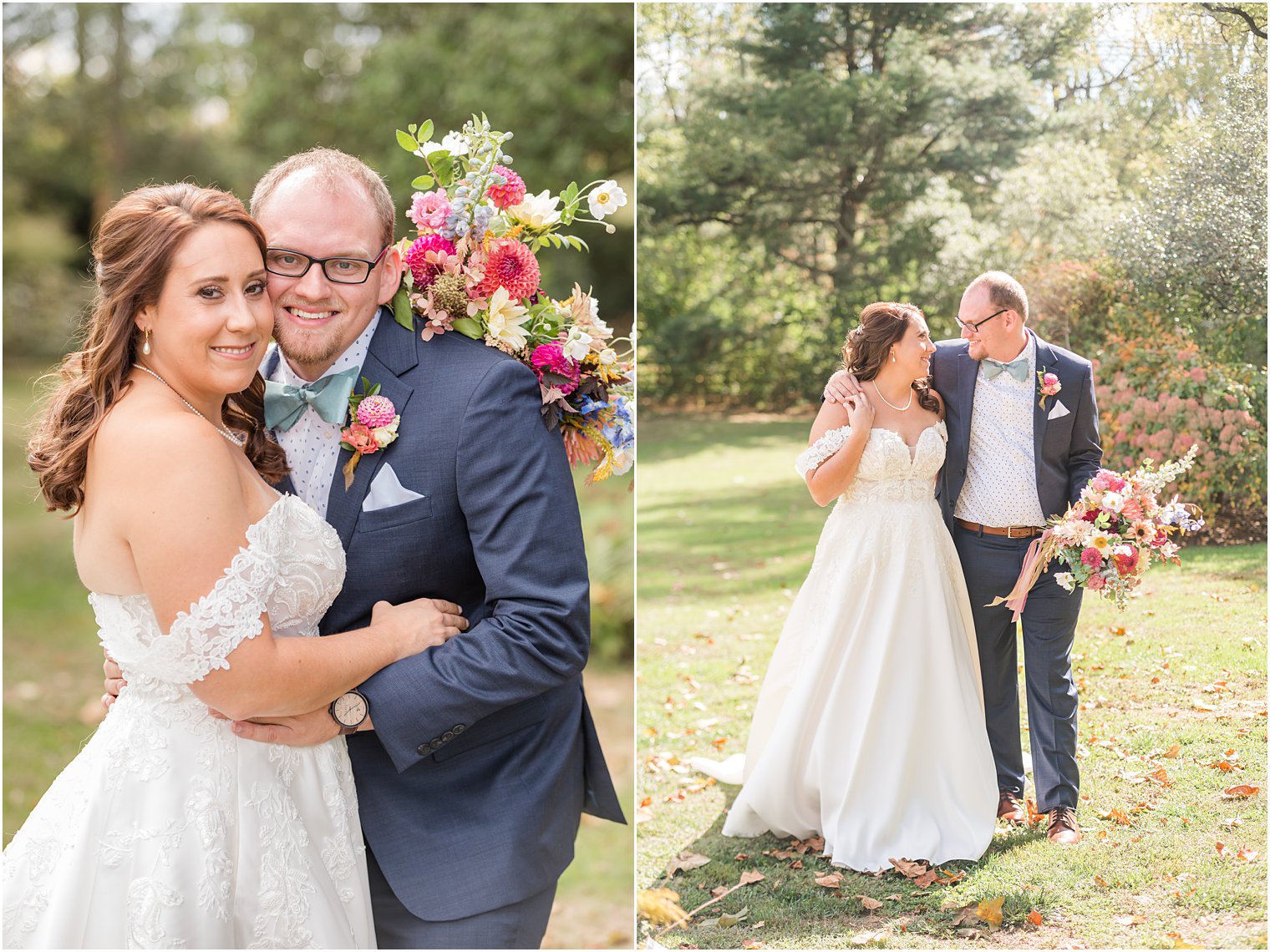 couple hugs in garden on fall wedding day at Bishop Hall Farmstead