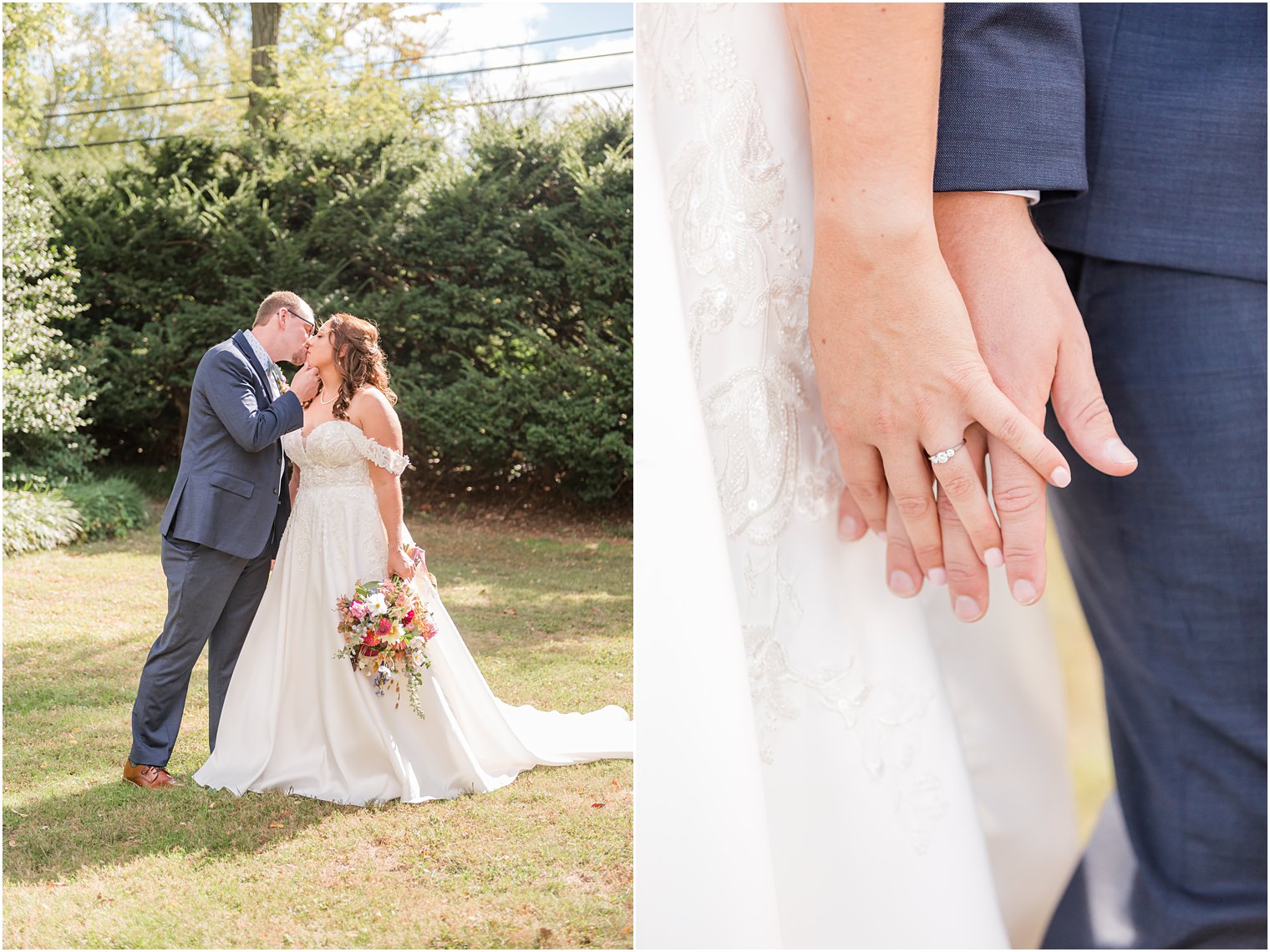 bride and groom kiss in gardens holding hands on fall wedding day