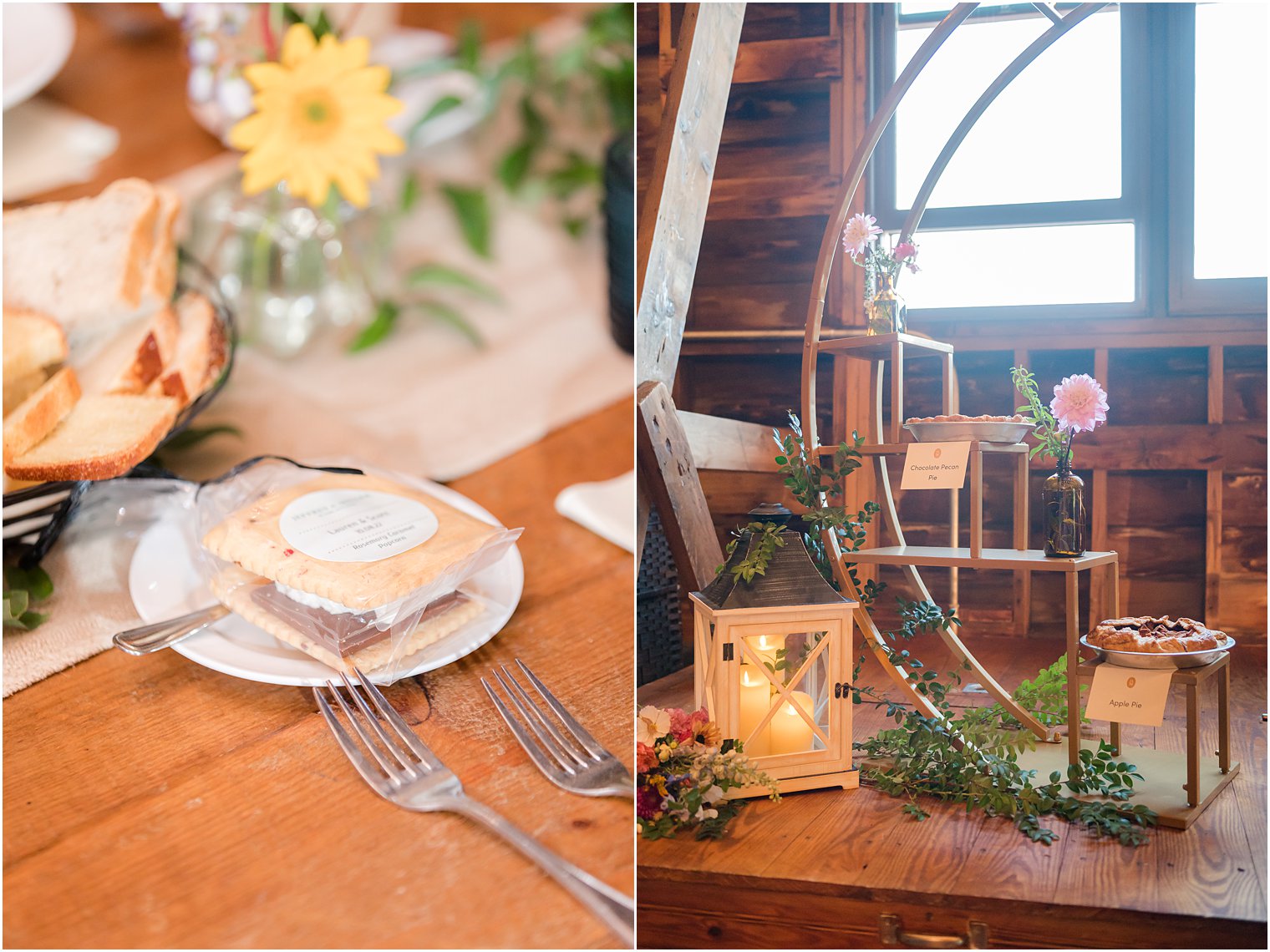 rustic wedding reception place setting and cake display