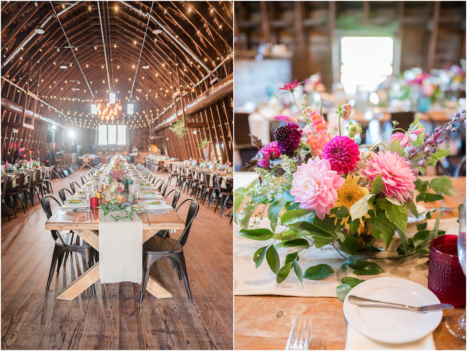 rustic wedding reception in barn with pink wildflower floral centerpieces 