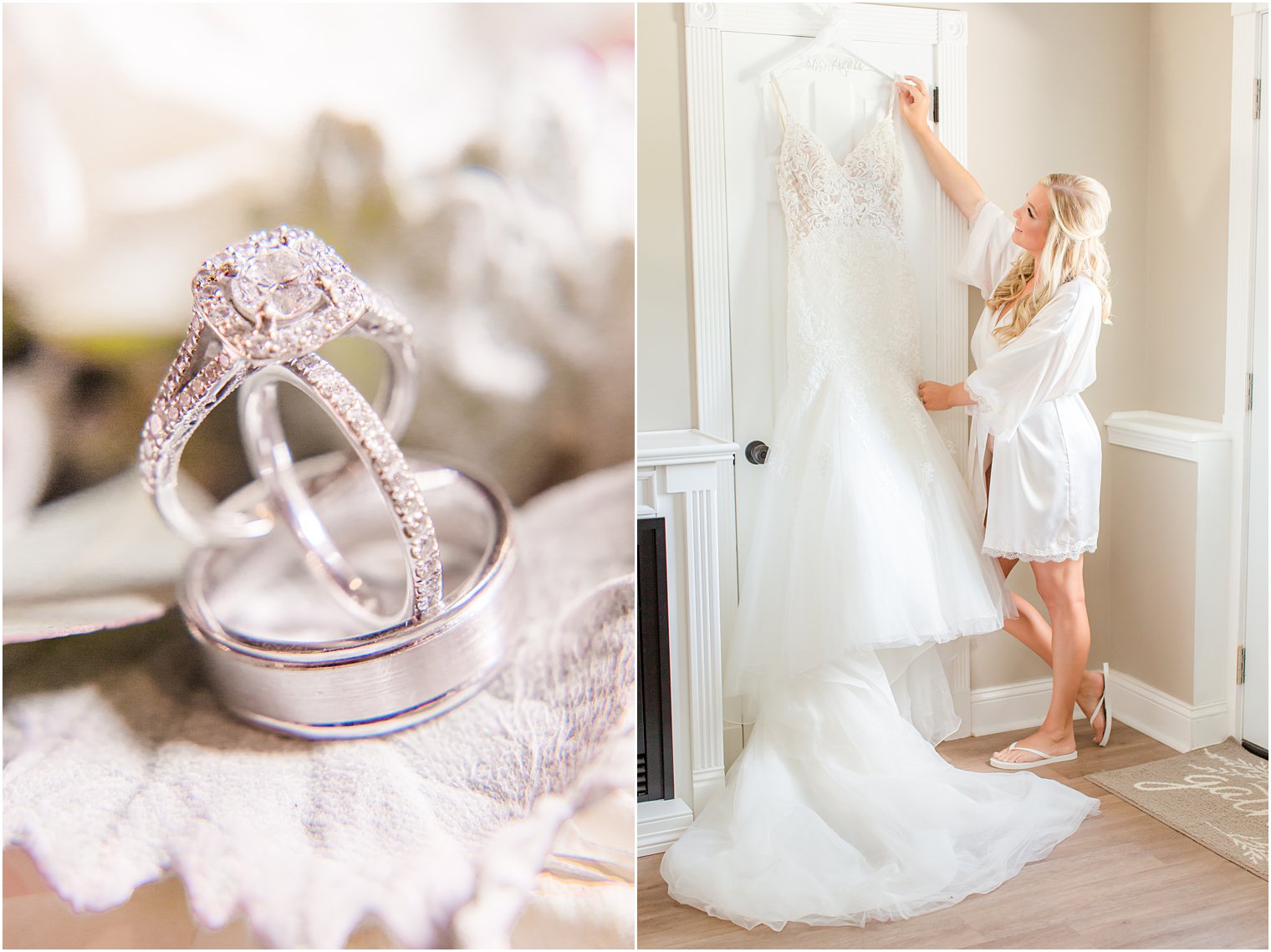 bride hangs wedding dress on door in home