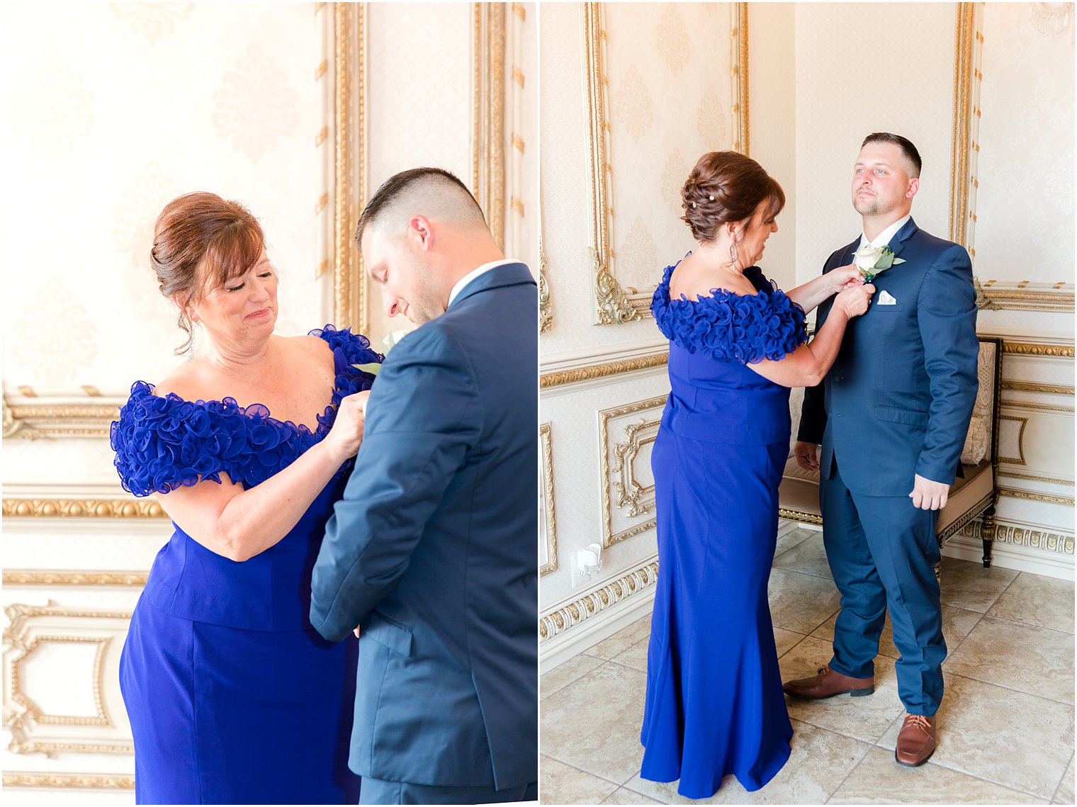 mother in blue dress puts on boutonniere for groom 