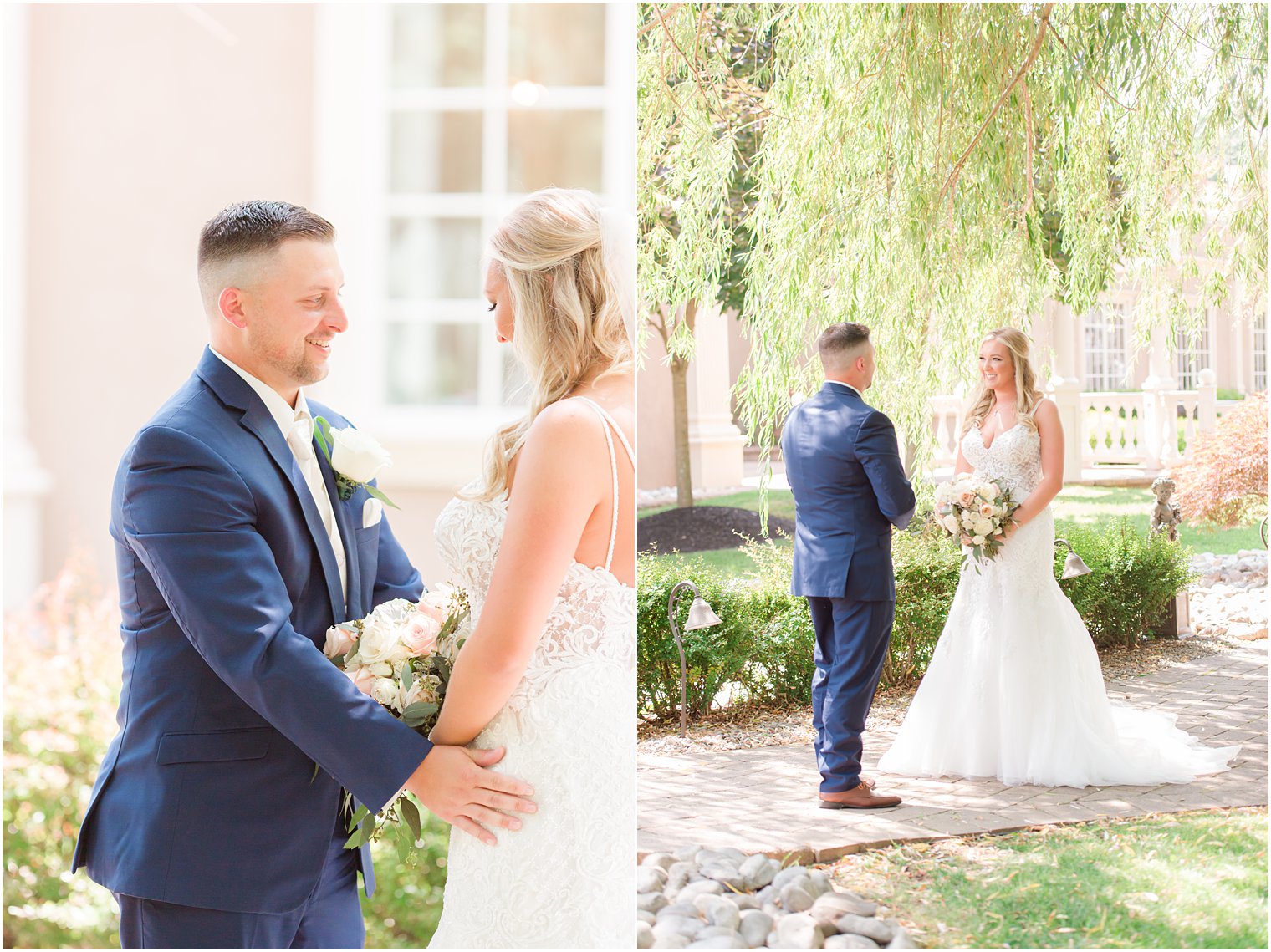 bride and groom walk to hug each other during first look 
