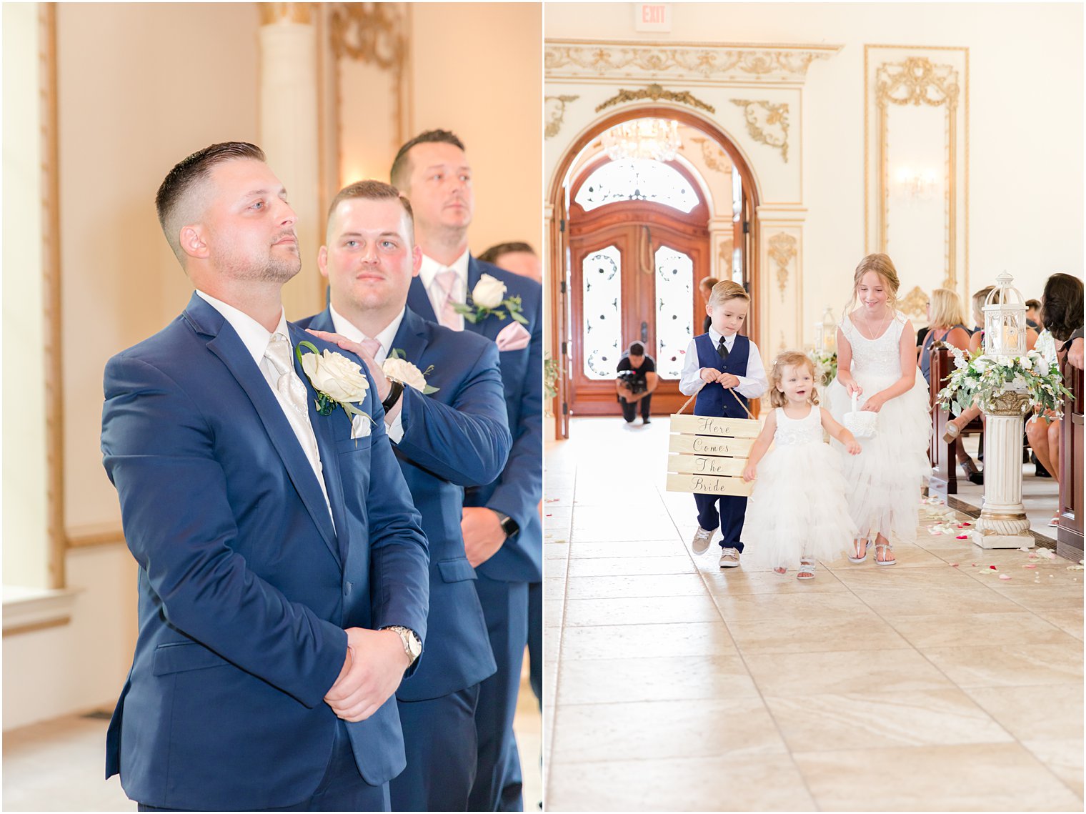 flower girl and ring bearers walk down aisle to uncle during wedding ceremony in chapel at Brigalia's