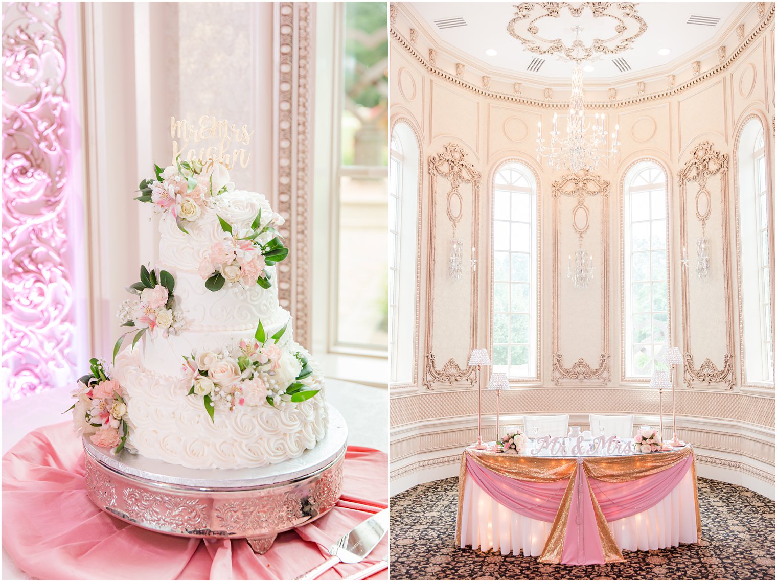wedding reception with sweetheart table and wedding cake with pink accents at Brigalia's