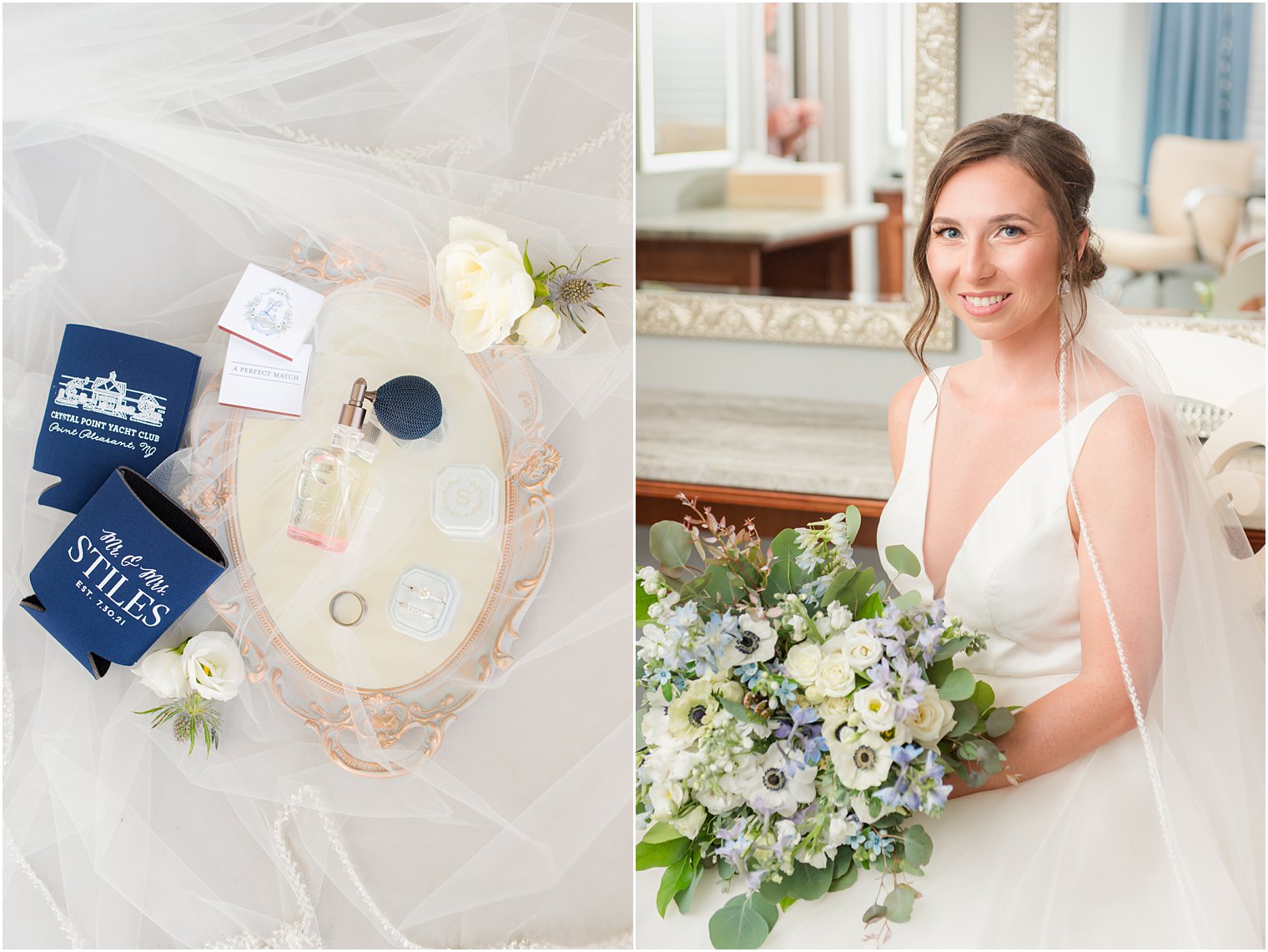 bride sits holding bouquet in lap during prep at Crystal Point Yacht Club