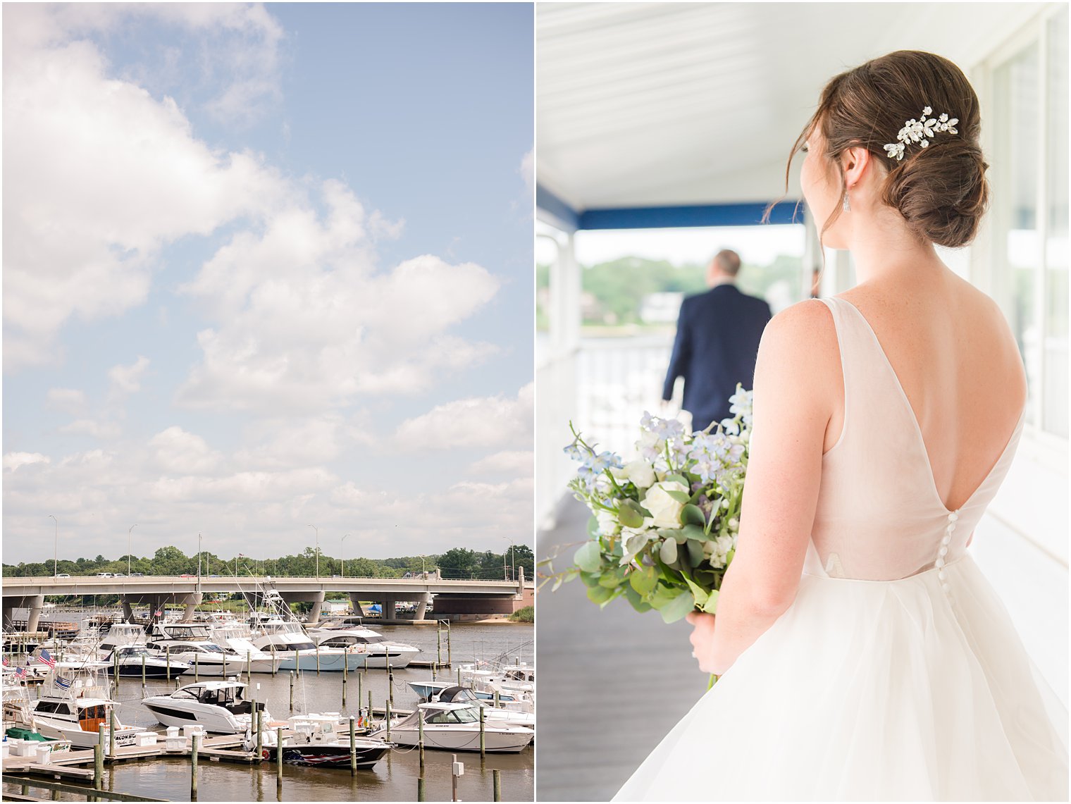 bride approaches dad for first look on balcony at Crystal Point Yacht Club