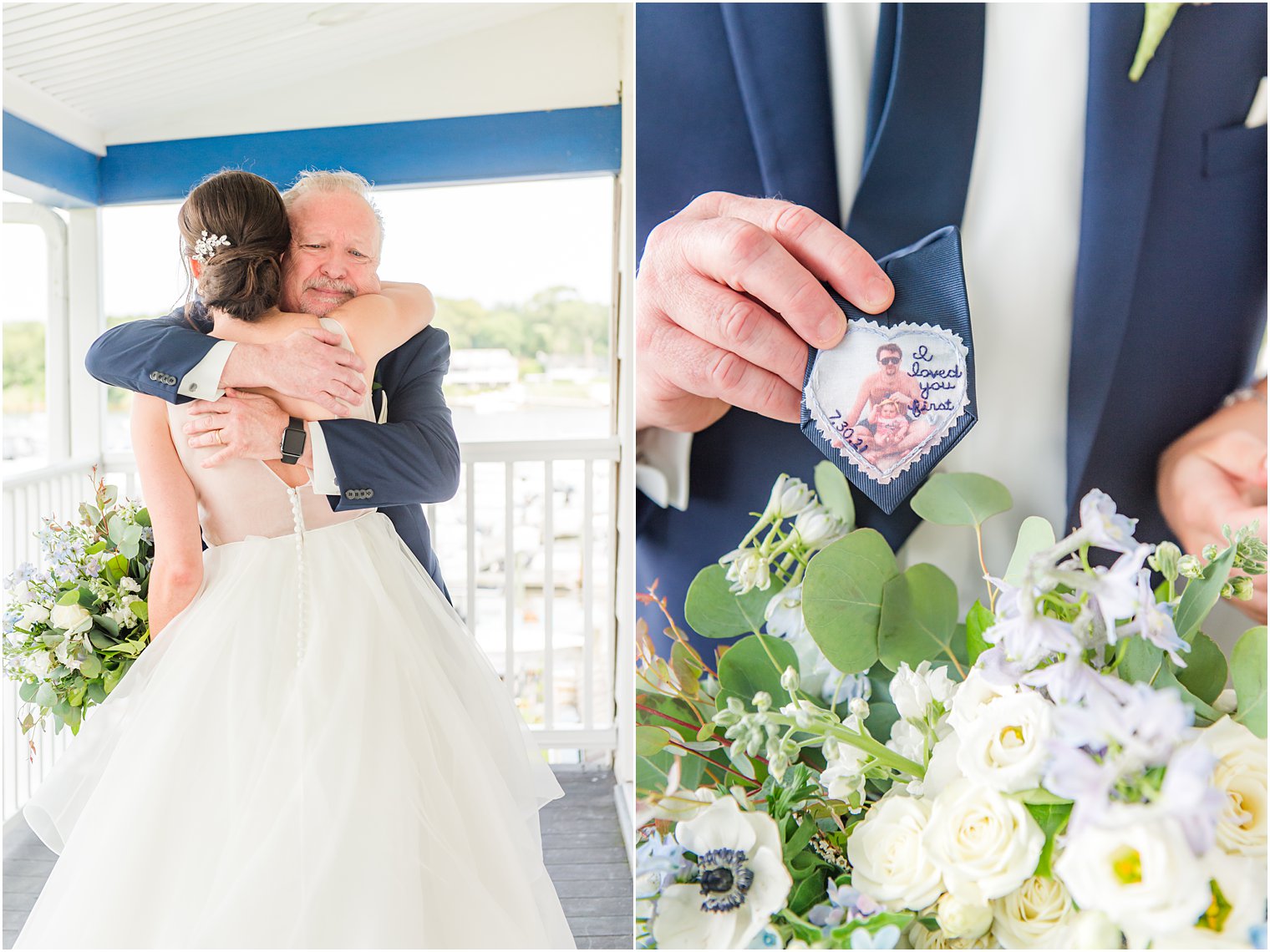 dad shows custom tie from bride over bouquet 