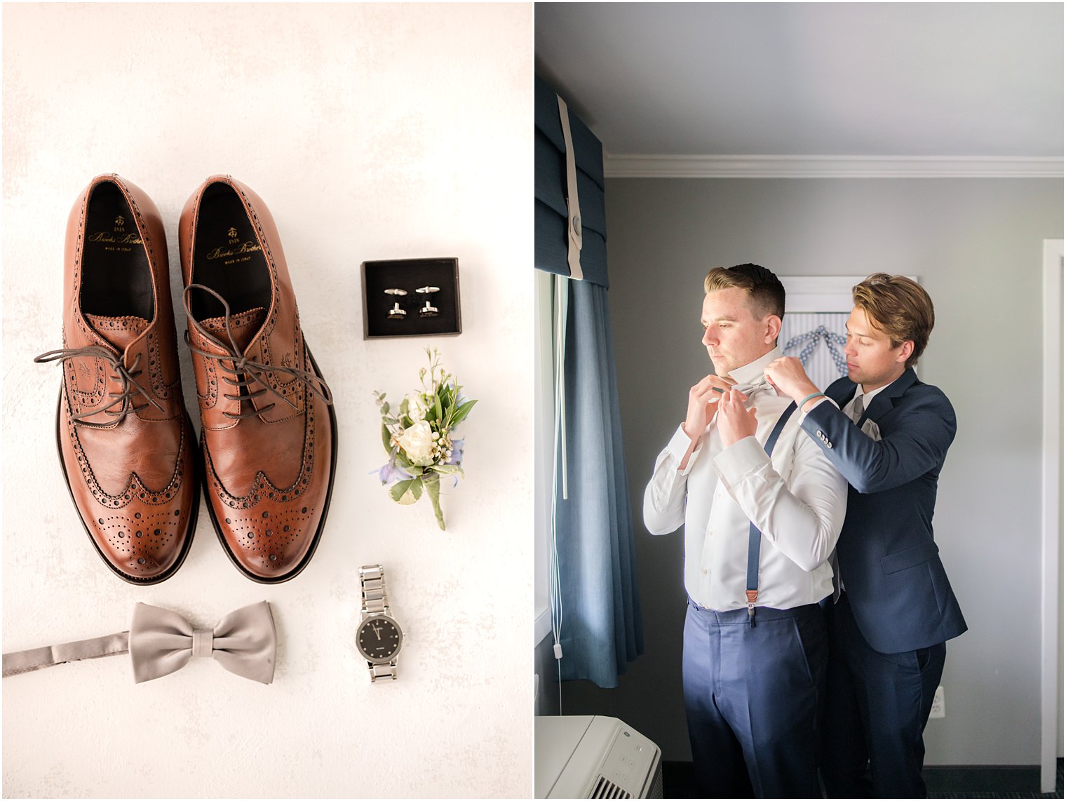 groomsman helps groom with bowtie for wedding day