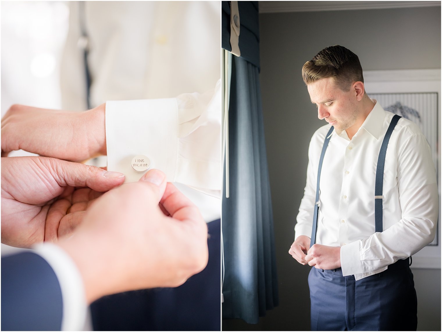 groom adjusts navy suspenders and cufflinks by window at Crystal Point Yacht Club