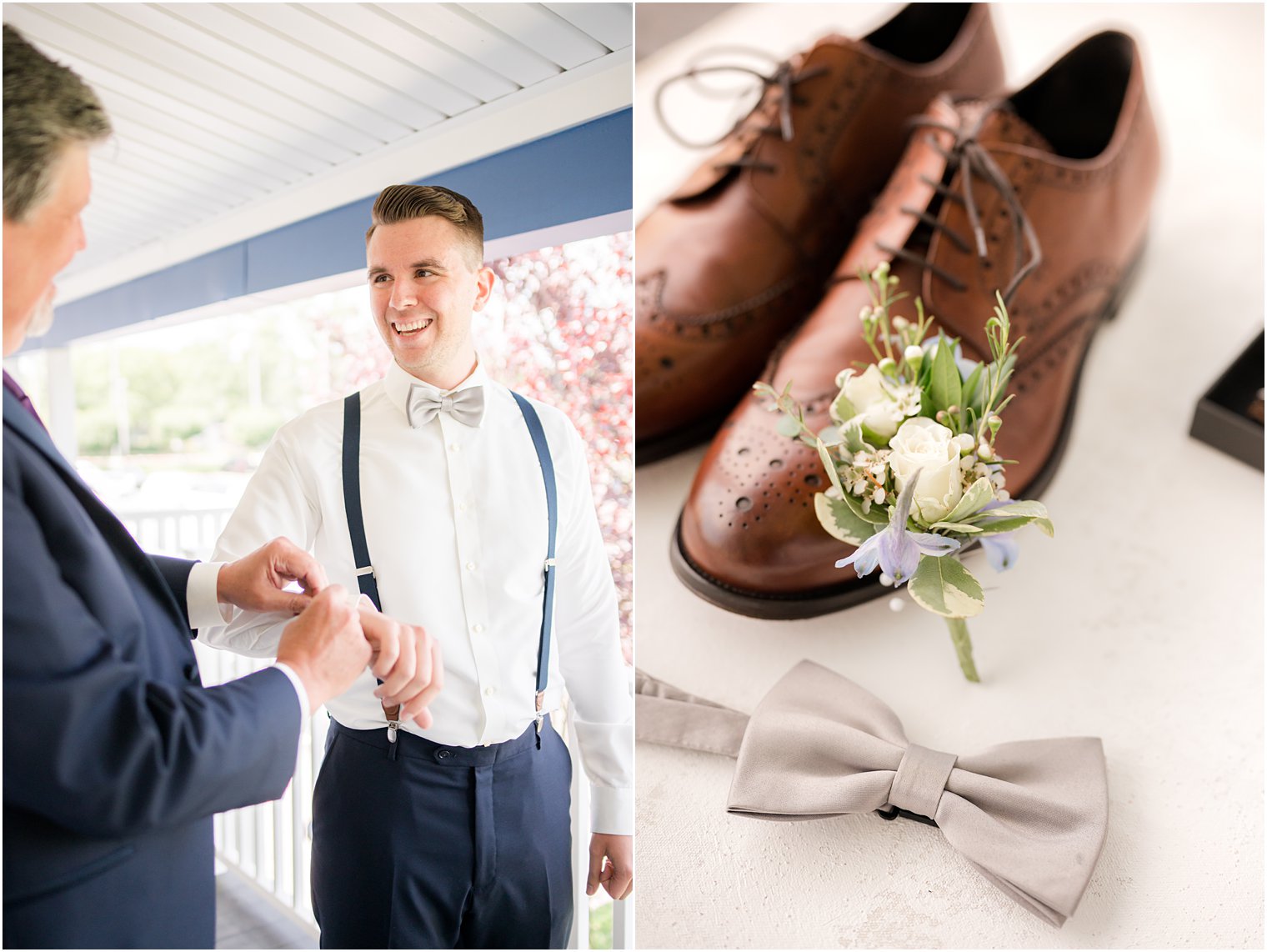 groomsman adjusts cufflinks for groom on balcony at Crystal Point Yacht Club