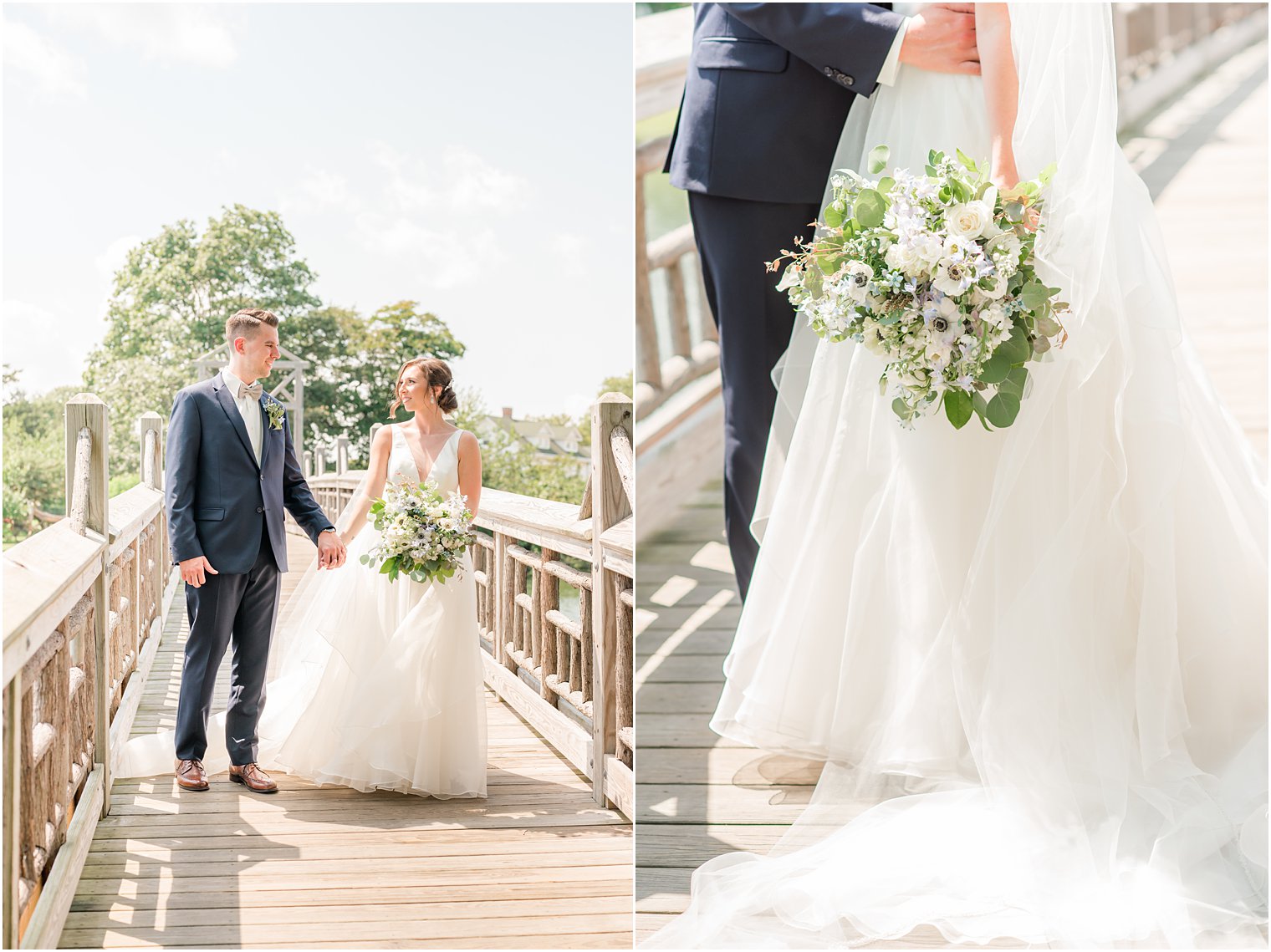 bride and groom hold hands walking on wooden bridge at Spring Lake Park