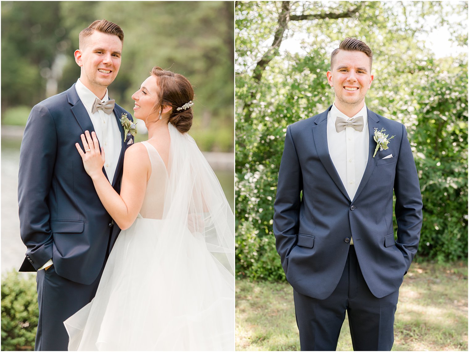 groom stands in navy suit with hands in pocket at Spring Lake Park