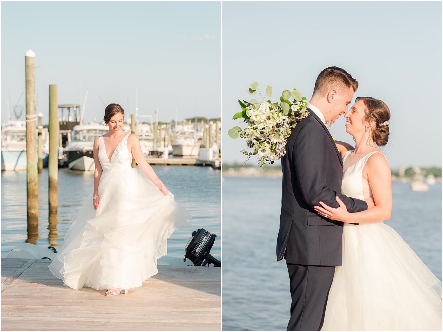 bride and groom lean heads together standing on dock outside Crystal Point Yacht Club