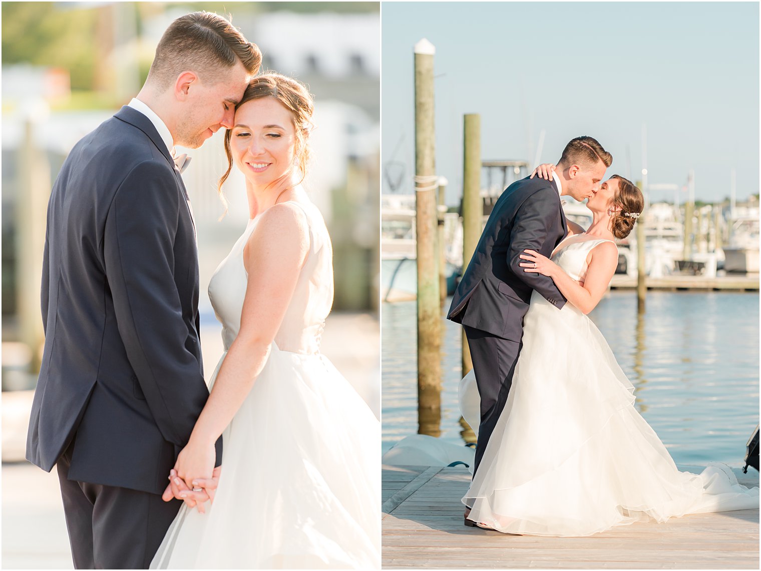 bride and groom kiss on dock outside Crystal Point Yacht Club
