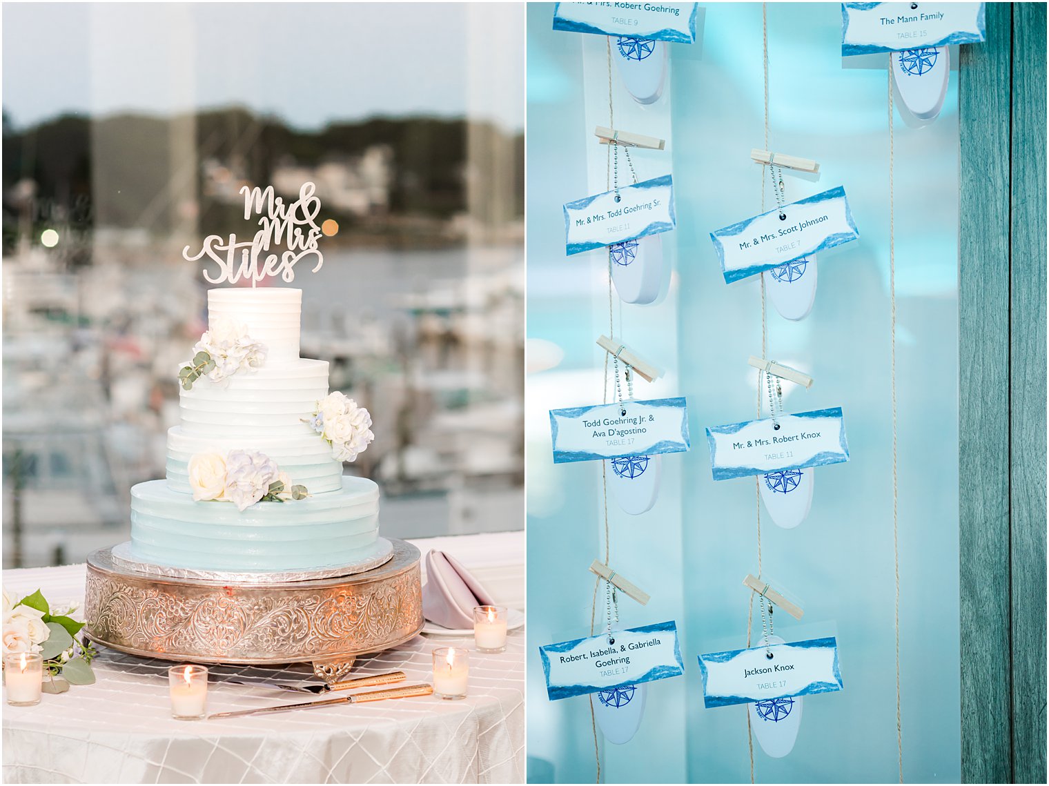 tiered wedding cake with blue icing and boat inspired seating cards 