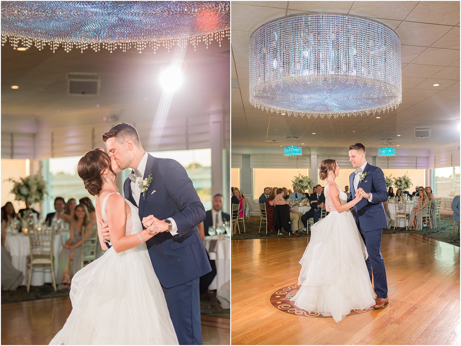 groom leans to kiss bride during first dance at Crystal Point Yacht Club